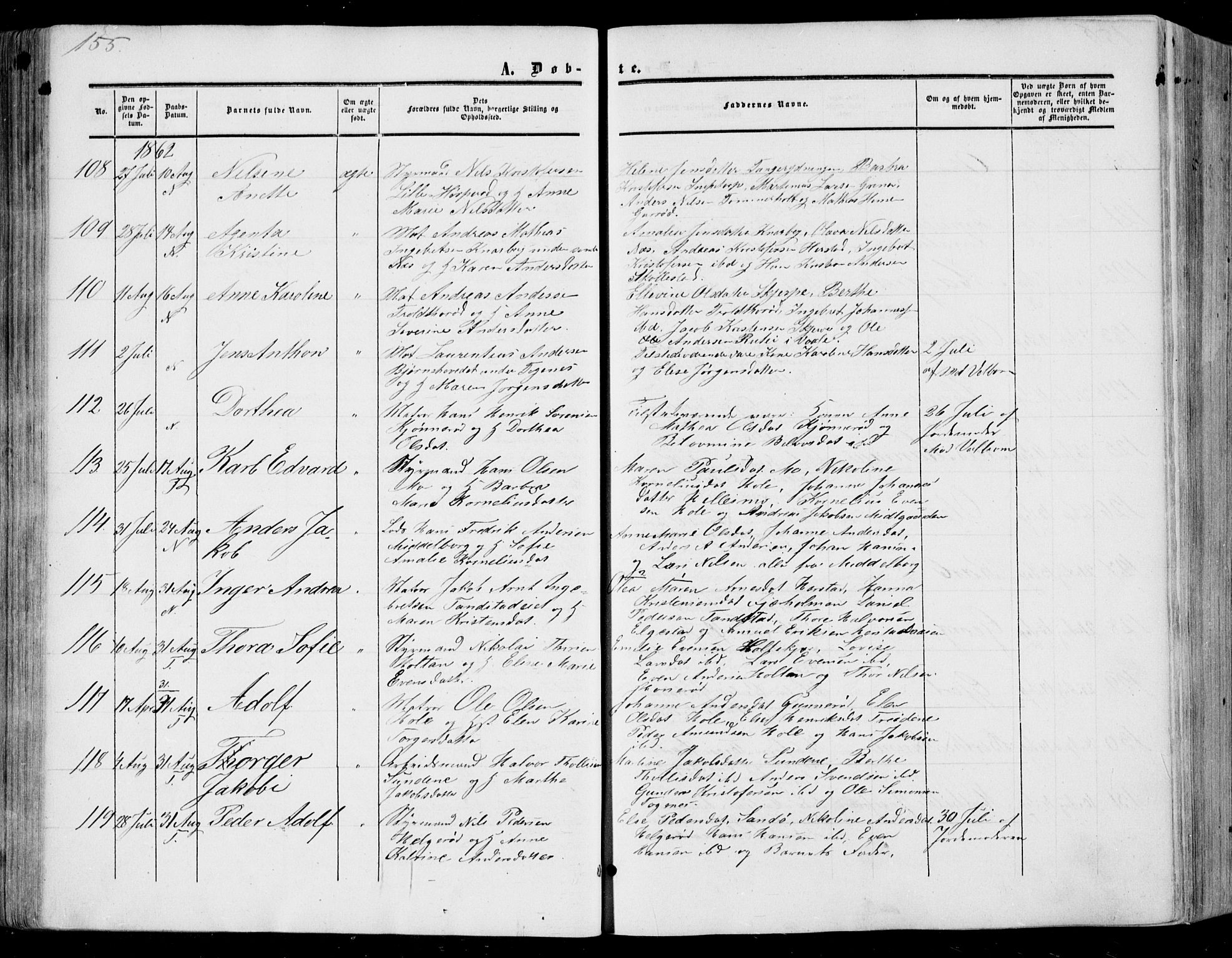 Nøtterøy kirkebøker, SAKO/A-354/F/Fa/L0006: Parish register (official) no. I 6, 1852-1864, p. 155