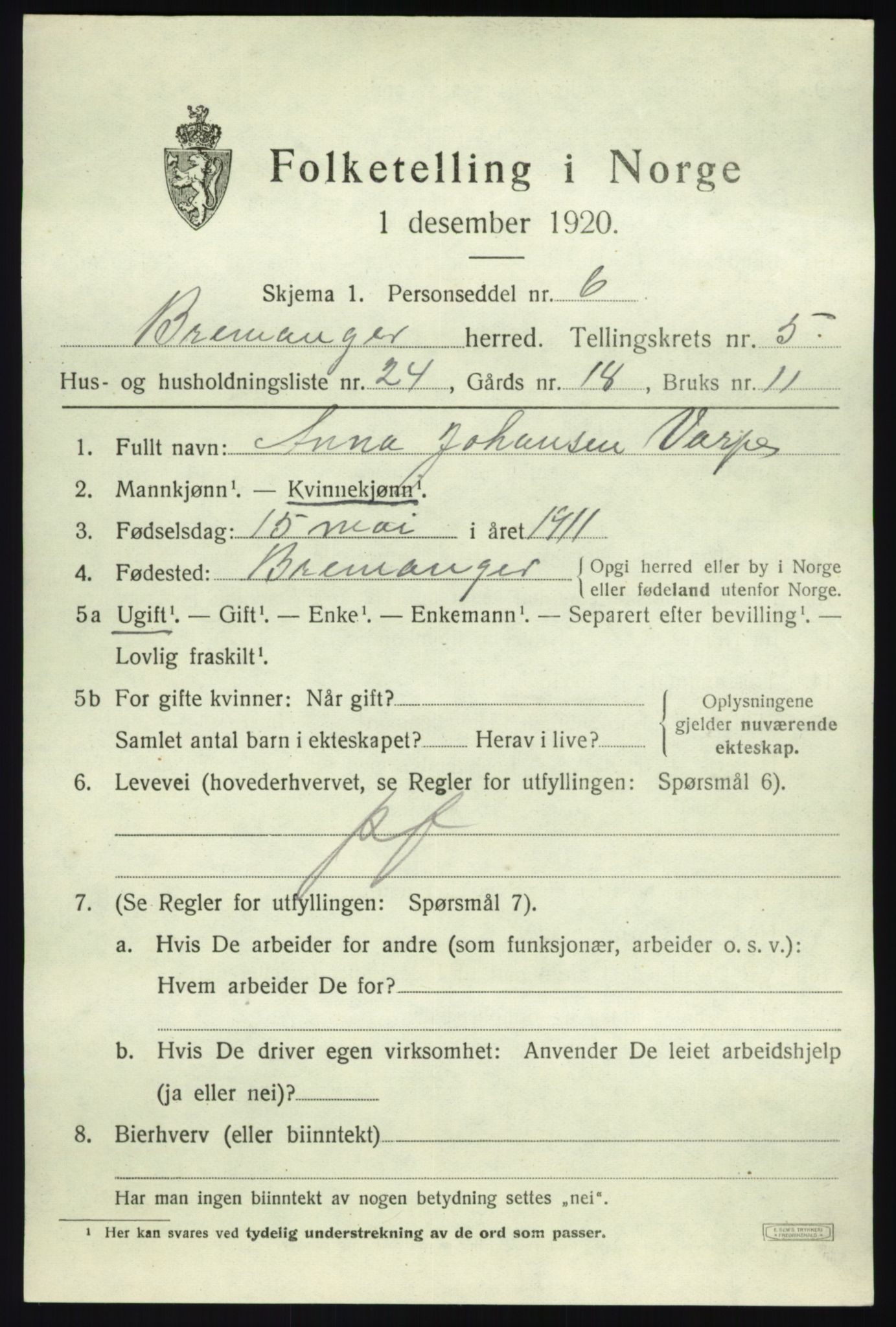 SAB, 1920 census for Bremanger, 1920, p. 3884