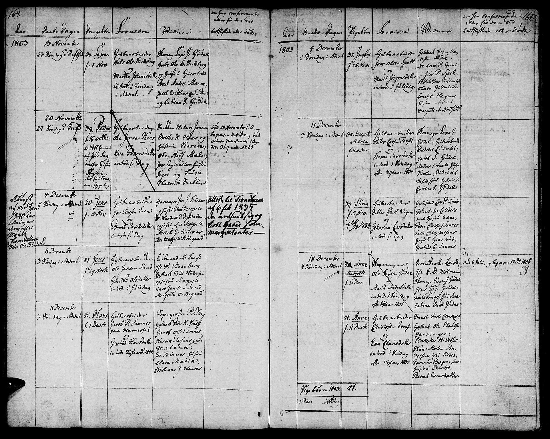 Ministerialprotokoller, klokkerbøker og fødselsregistre - Sør-Trøndelag, SAT/A-1456/681/L0927: Parish register (official) no. 681A05, 1798-1808, p. 164-165