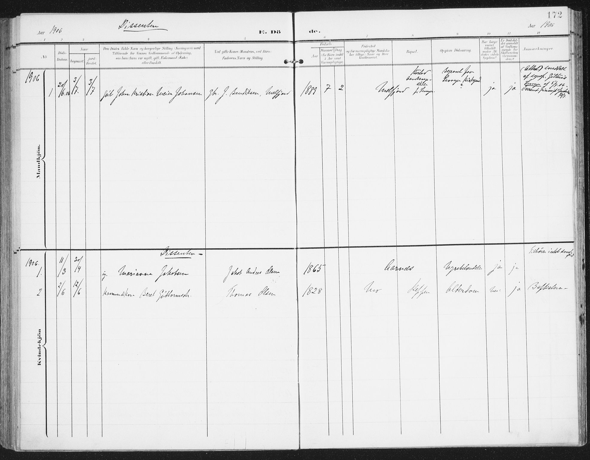 Ministerialprotokoller, klokkerbøker og fødselsregistre - Nordland, SAT/A-1459/841/L0612: Parish register (official) no. 841A15, 1902-1910, p. 172