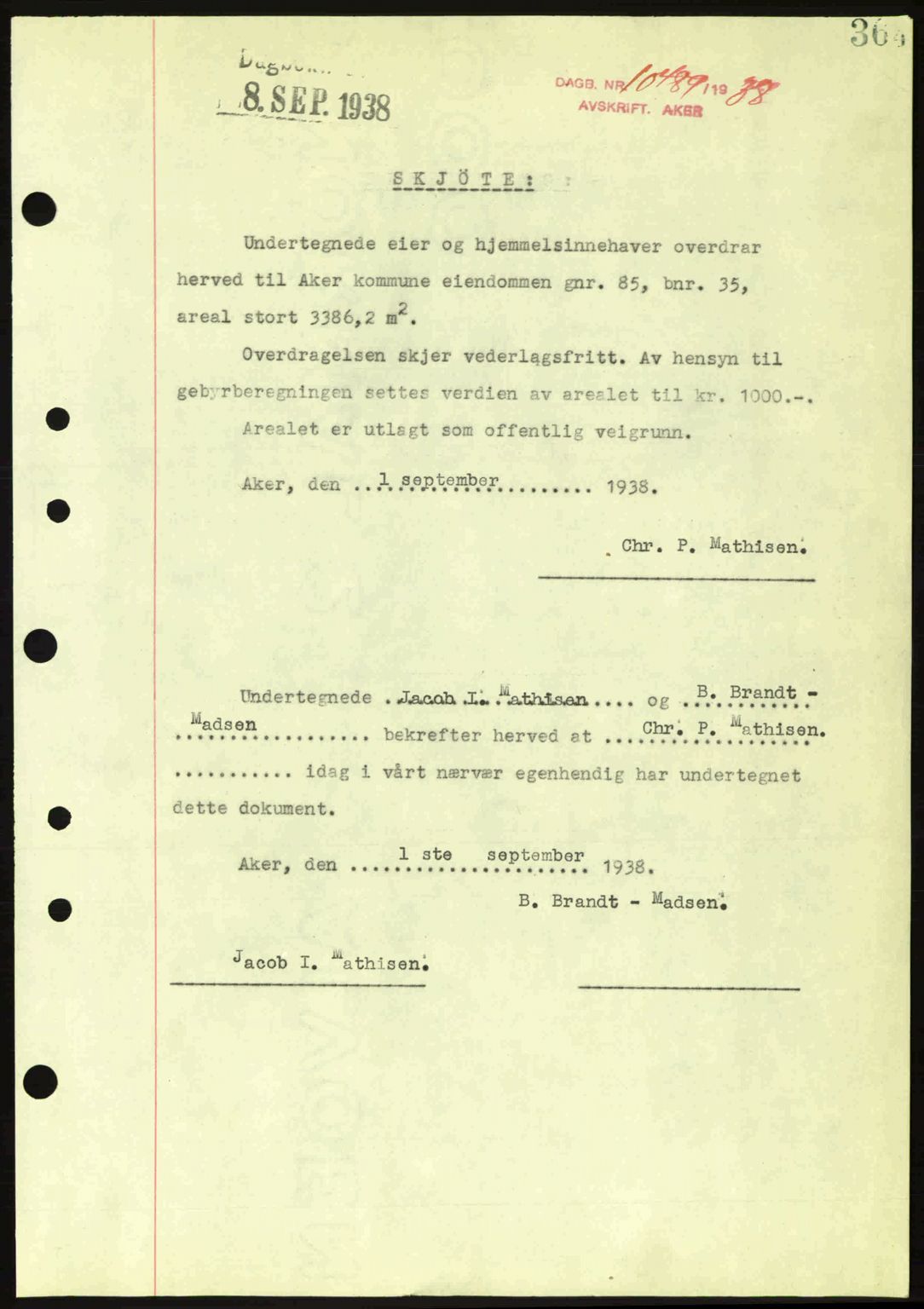 Aker herredsskriveri, SAO/A-10896/G/Gb/Gba/Gbab/L0025: Mortgage book no. A154-155, 1938-1938, Diary no: : 10489/1938