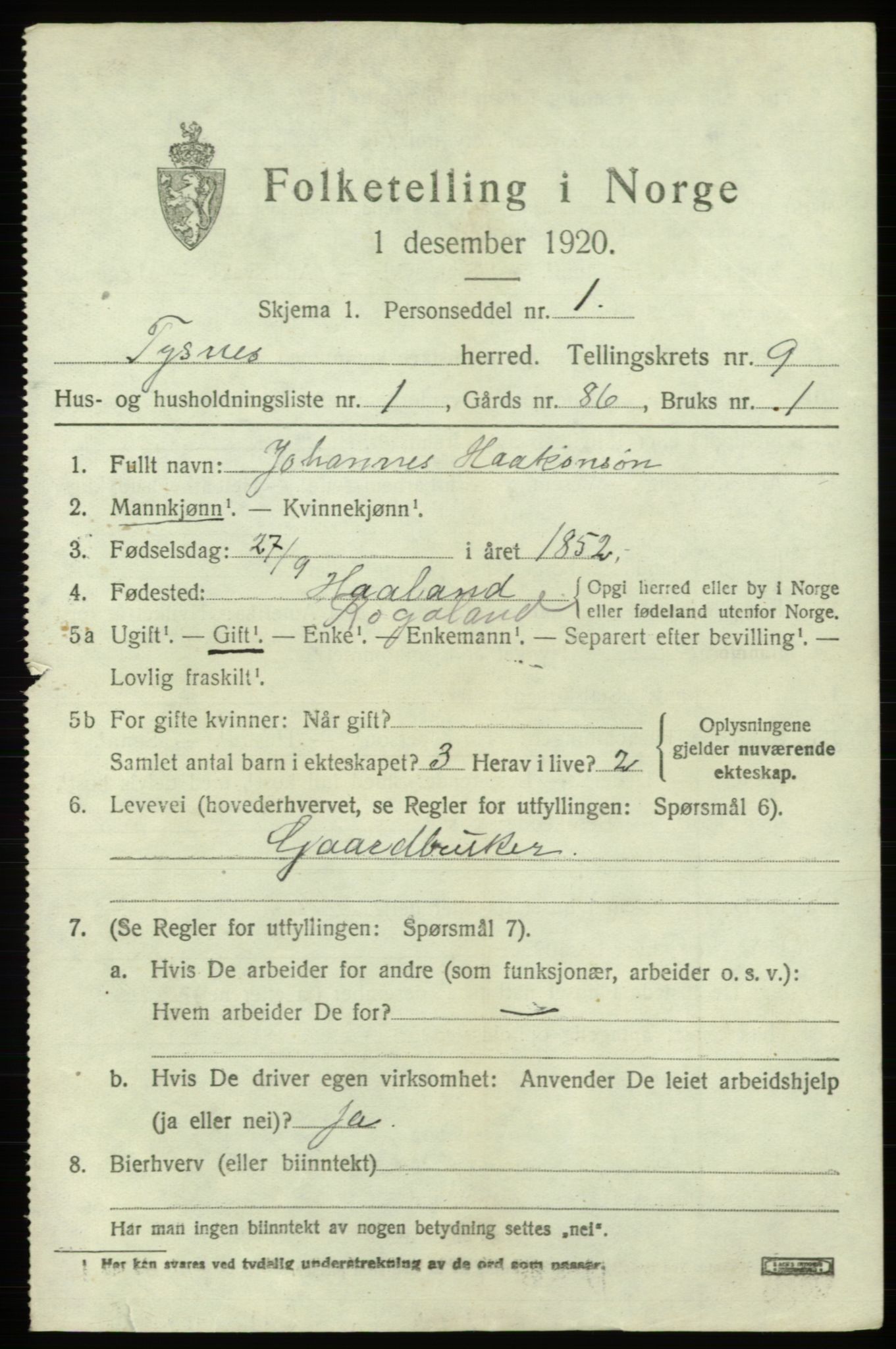 SAB, 1920 census for Tysnes, 1920, p. 6166