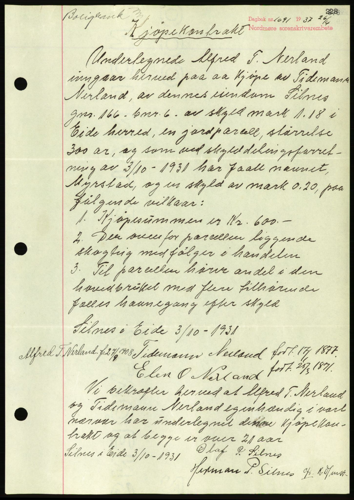 Nordmøre sorenskriveri, AV/SAT-A-4132/1/2/2Ca/L0091: Mortgage book no. B81, 1937-1937, Diary no: : 1091/1937