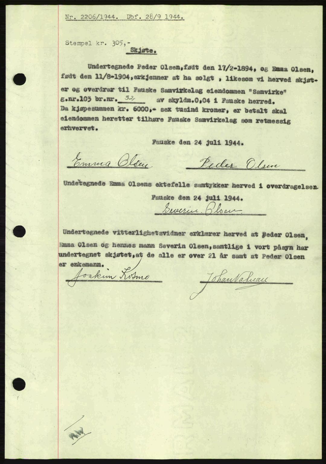 Salten sorenskriveri, AV/SAT-A-4578/1/2/2C: Mortgage book no. A14-15, 1943-1945, Diary no: : 2206/1944