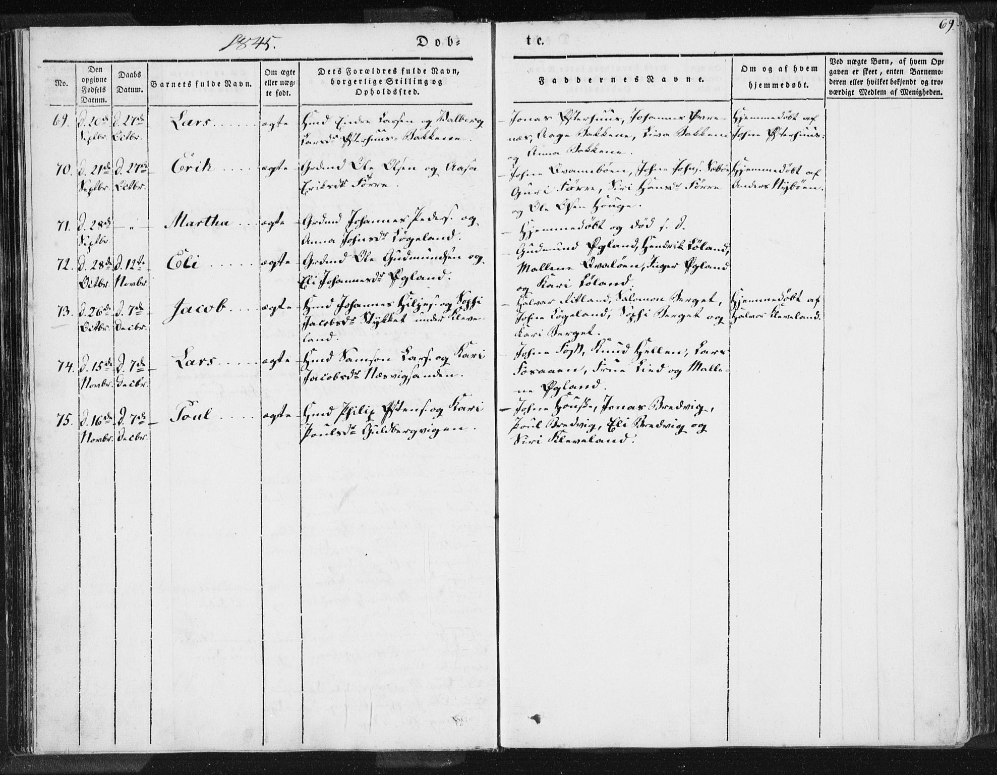 Hjelmeland sokneprestkontor, AV/SAST-A-101843/01/IV/L0006: Parish register (official) no. A 6, 1834-1845, p. 69