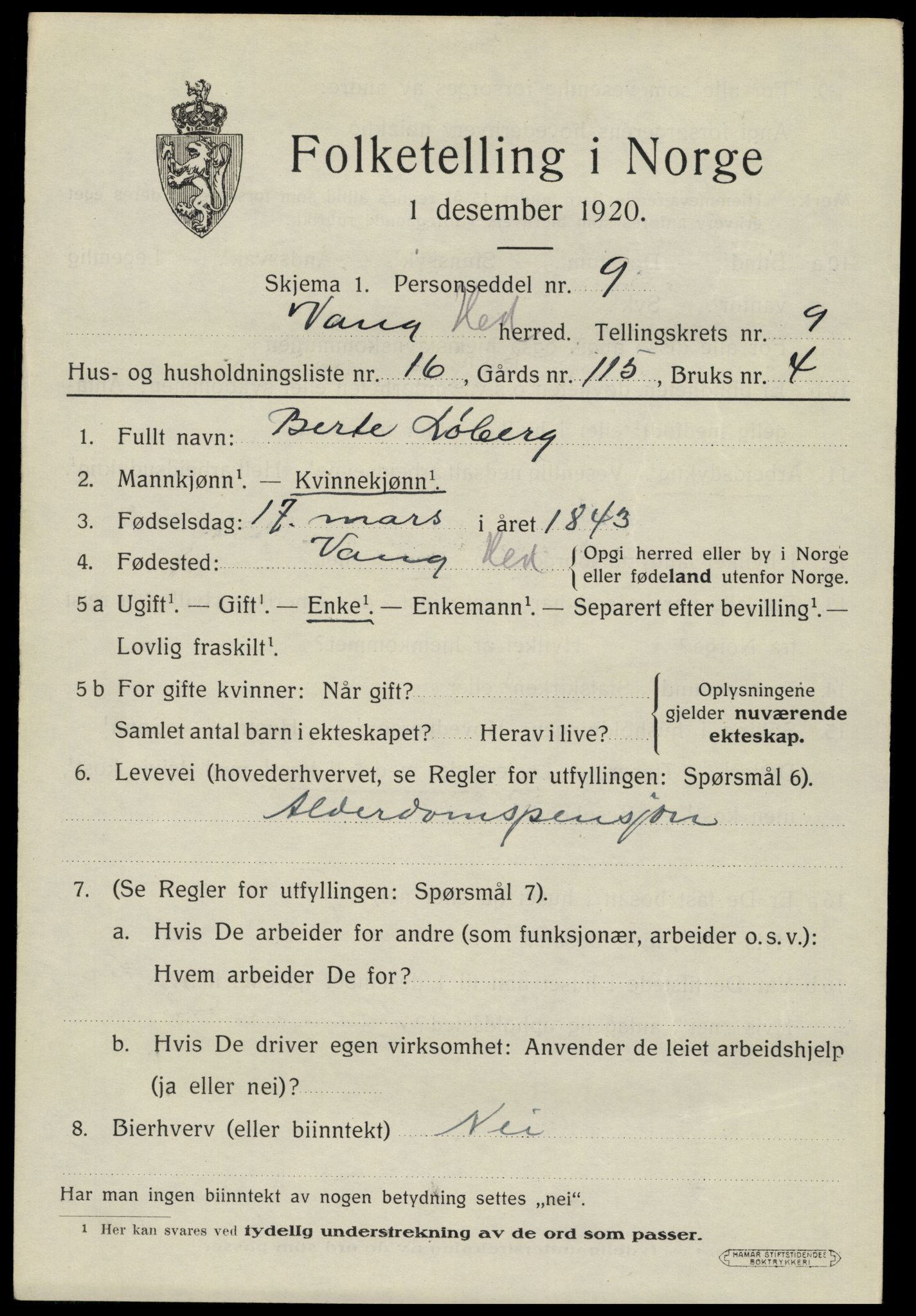 SAH, 1920 census for Vang (Hedmark), 1920, p. 18305