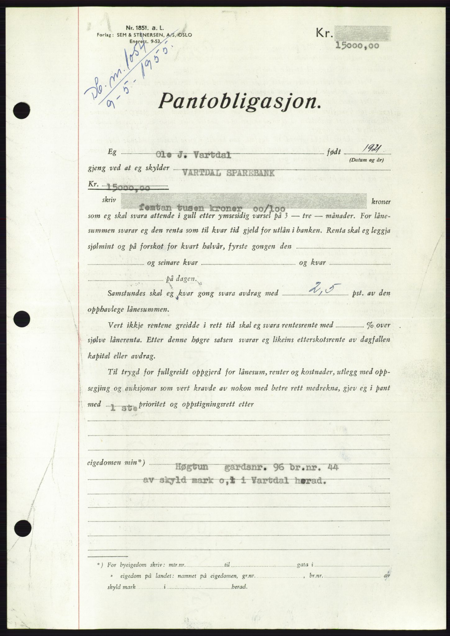 Søre Sunnmøre sorenskriveri, AV/SAT-A-4122/1/2/2C/L0126: Mortgage book no. 14B, 1954-1955, Diary no: : 1054/1955