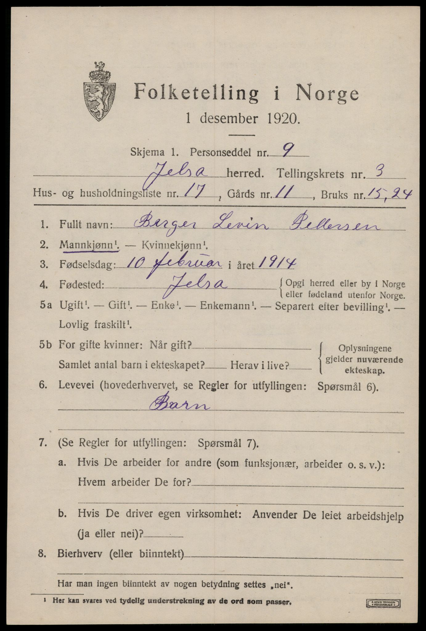 SAST, 1920 census for Jelsa, 1920, p. 1172