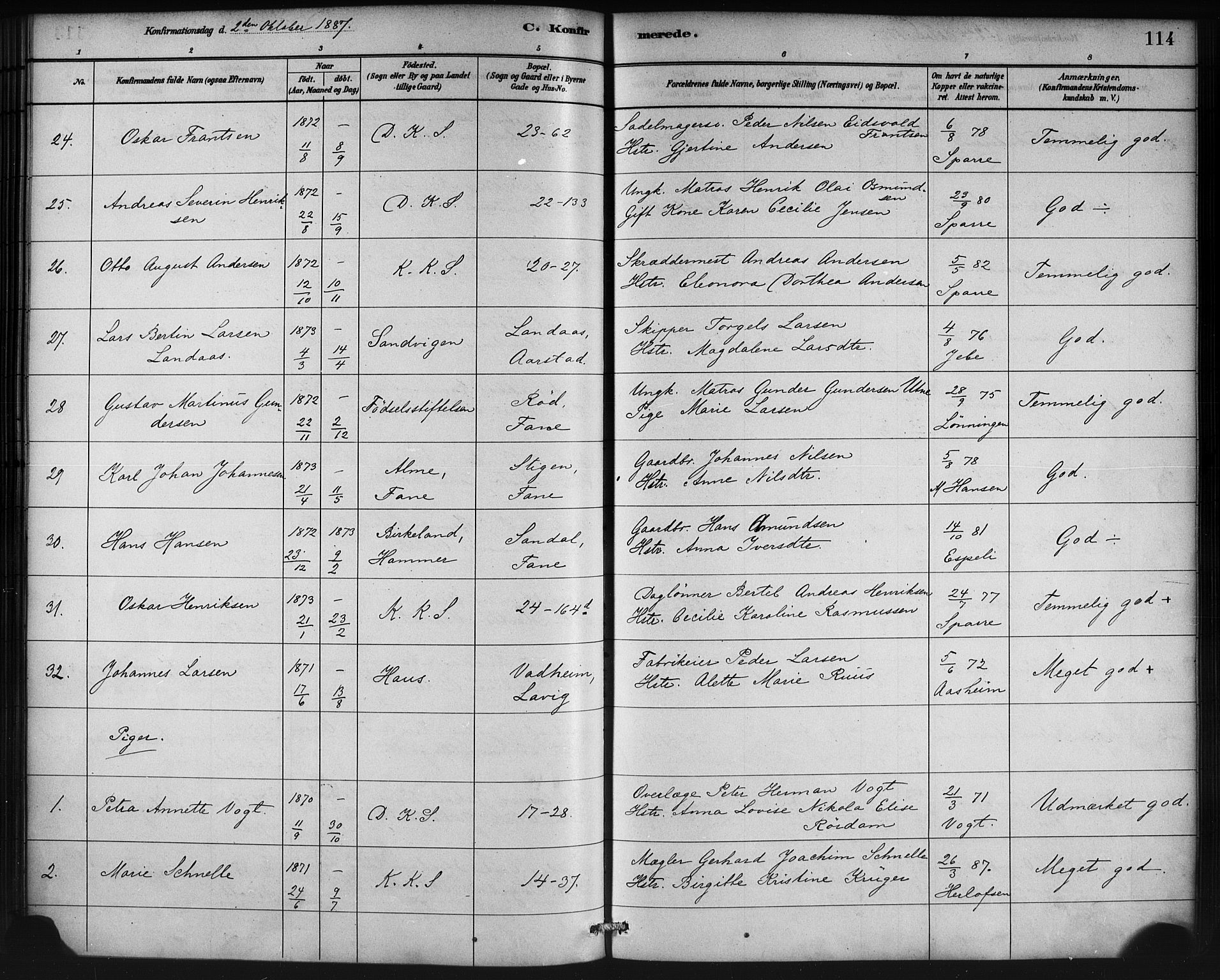 Korskirken sokneprestembete, AV/SAB-A-76101/H/Haa/L0029: Parish register (official) no. C 5, 1880-1892, p. 114