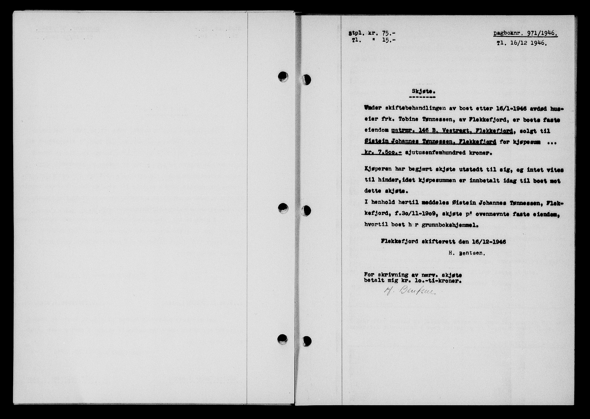 Flekkefjord sorenskriveri, AV/SAK-1221-0001/G/Gb/Gba/L0061: Mortgage book no. A-9, 1946-1947, Diary no: : 971/1946