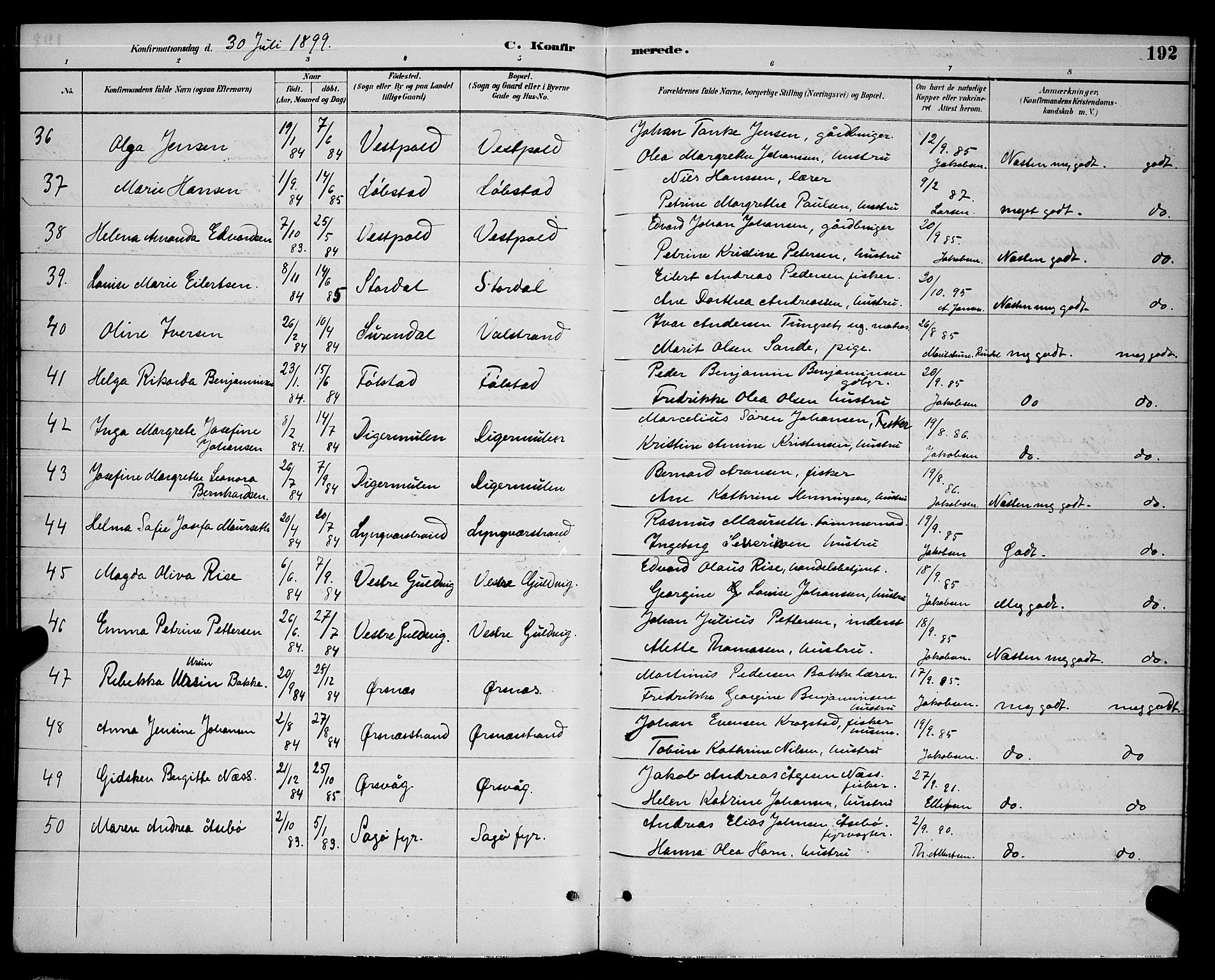 Ministerialprotokoller, klokkerbøker og fødselsregistre - Nordland, AV/SAT-A-1459/874/L1077: Parish register (copy) no. 874C06, 1891-1900, p. 192