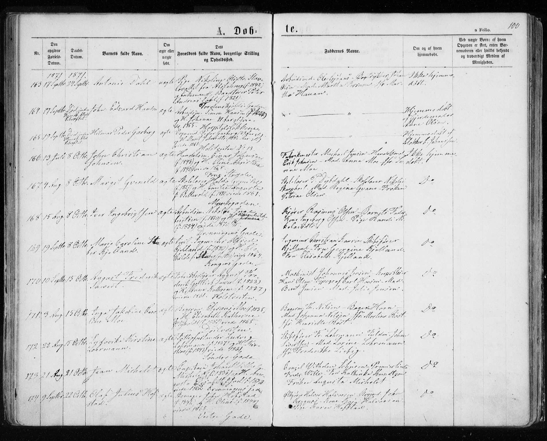 Ministerialprotokoller, klokkerbøker og fødselsregistre - Sør-Trøndelag, AV/SAT-A-1456/601/L0054: Parish register (official) no. 601A22, 1866-1877, p. 100