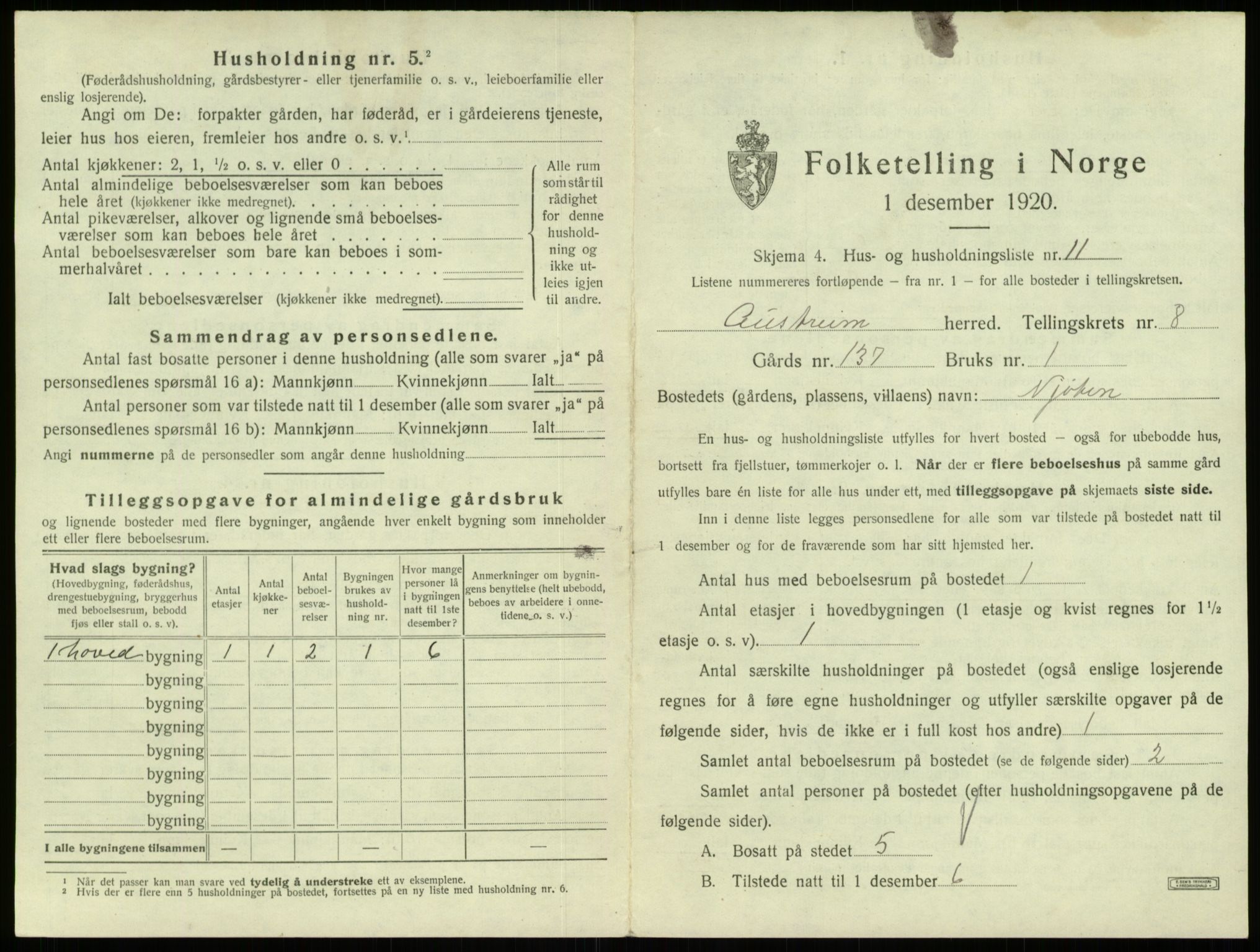 SAB, 1920 census for Austrheim, 1920, p. 404