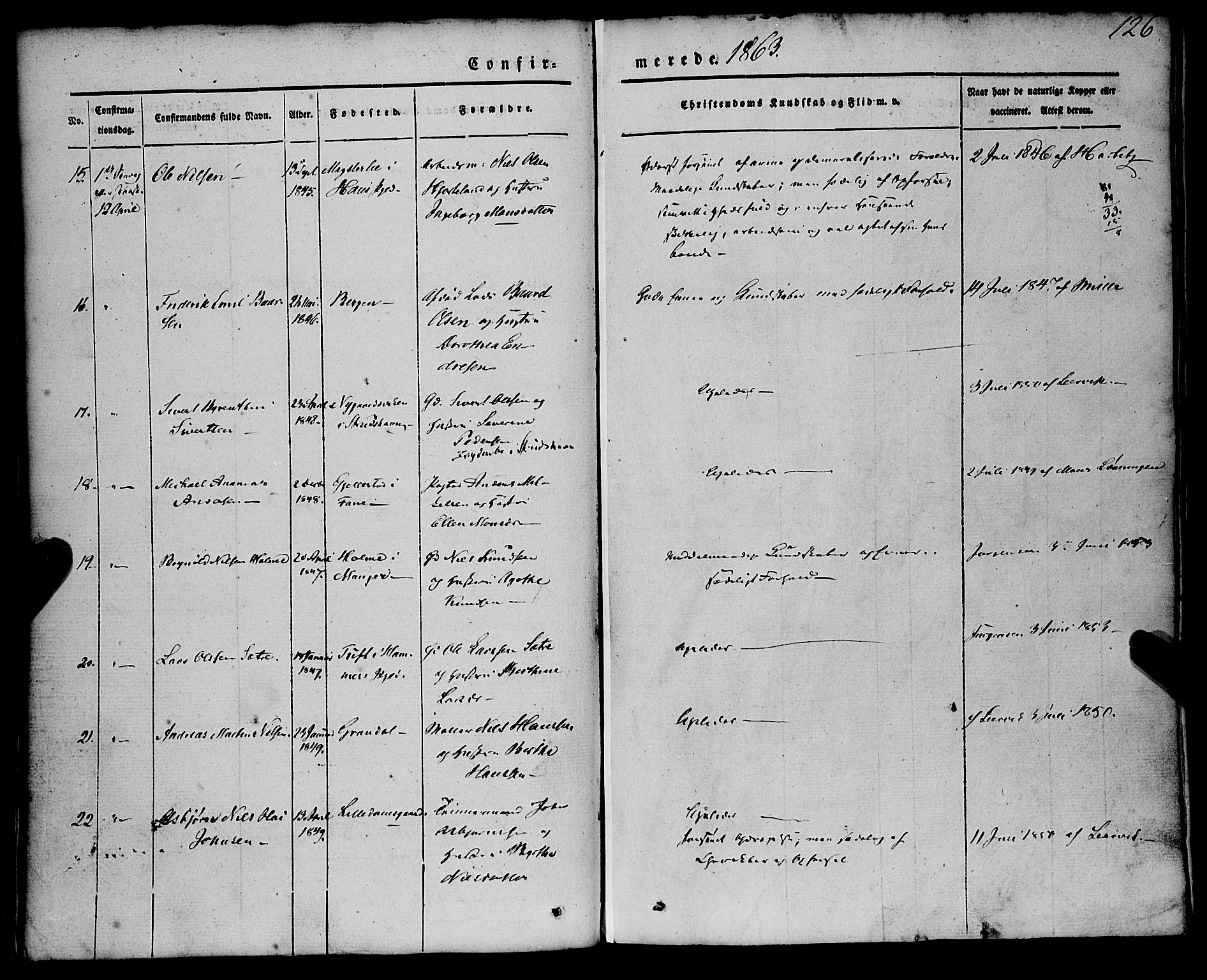 St. Jørgens hospital og Årstad sokneprestembete, AV/SAB-A-99934: Parish register (official) no. A 4, 1844-1863, p. 126