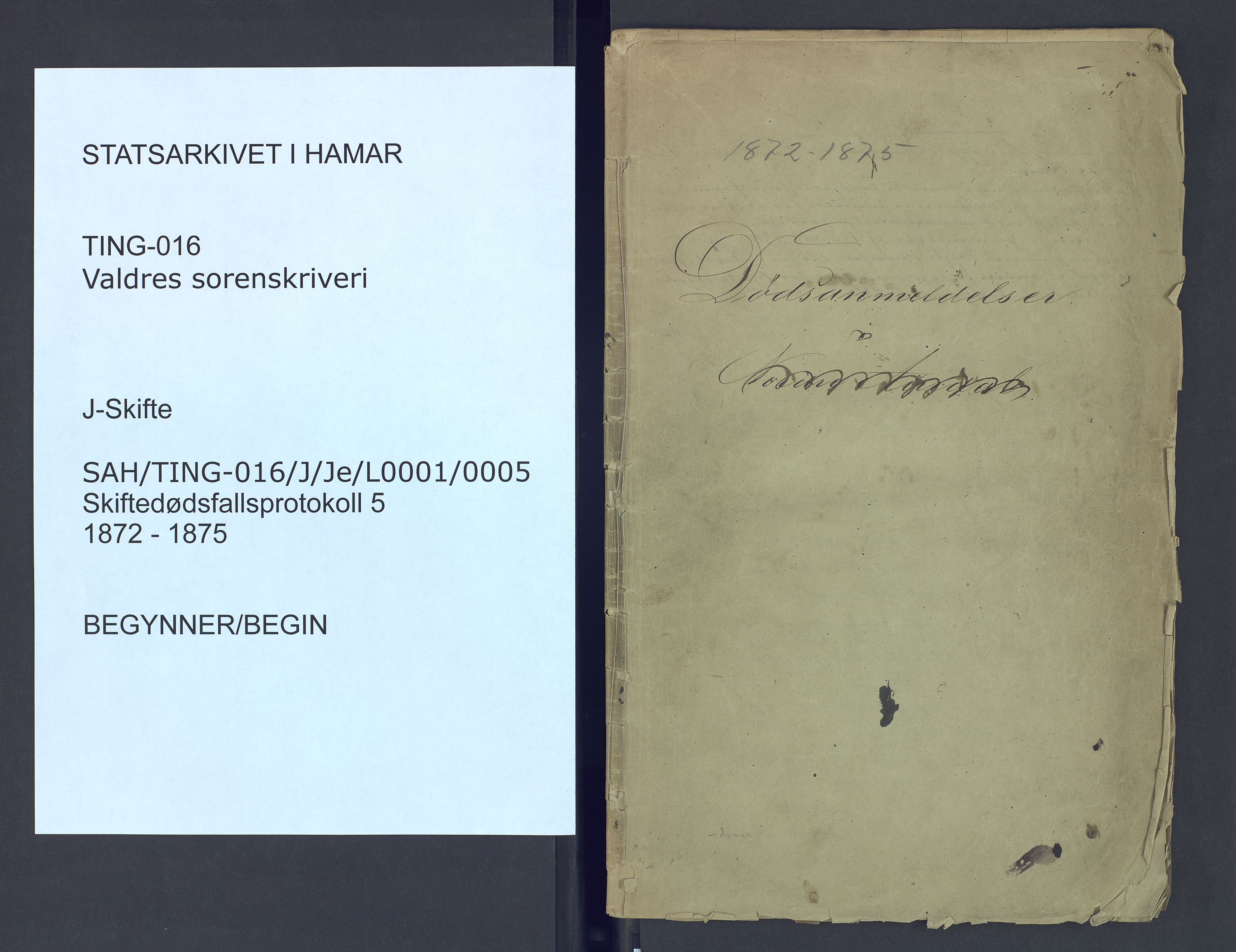 Valdres sorenskriveri, SAH/TING-016/J/Je/L0001/0005: Dødsfallsprotokoller / Dødsfallsprotokoll, 1872-1875