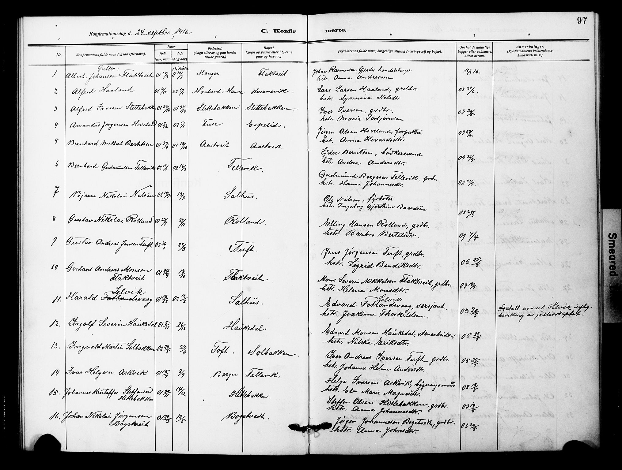 Åsane sokneprestembete, AV/SAB-A-79401/H/Hab: Parish register (copy) no. A 4, 1915-1927, p. 97