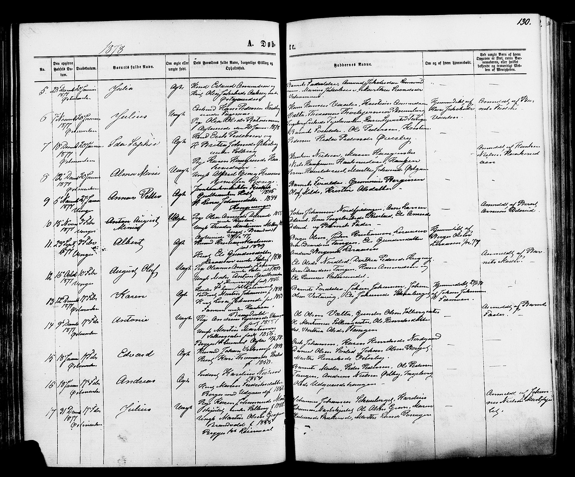 Vinger prestekontor, AV/SAH-PREST-024/H/Ha/Haa/L0012: Parish register (official) no. 12, 1871-1880, p. 130