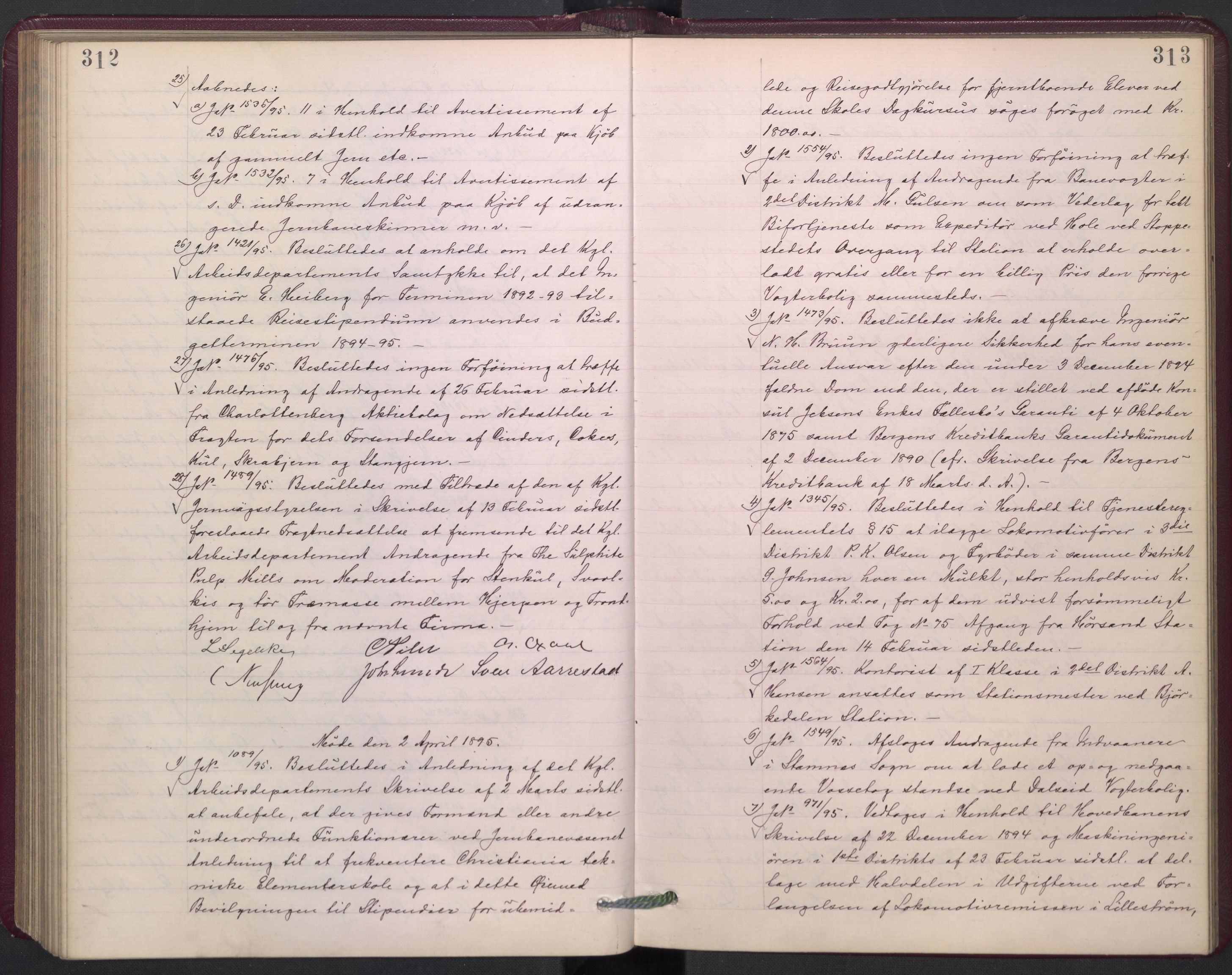 Norges statsbaner, Administrasjons- økonomi- og personalavdelingen, AV/RA-S-3412/A/Aa/L0002a: Forhandlingsprotokoll, 1893-1895, p. 312-313