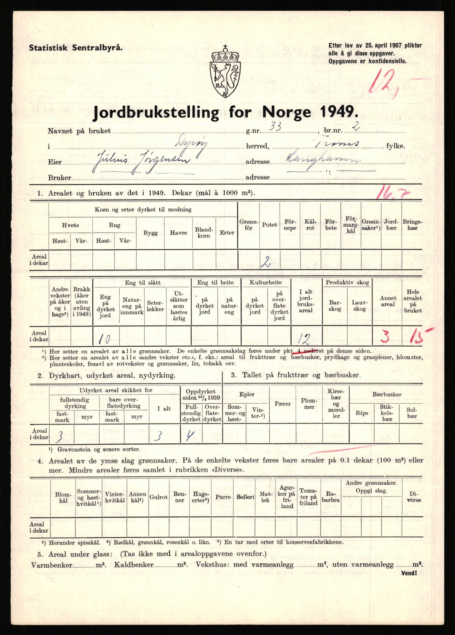 Statistisk sentralbyrå, Næringsøkonomiske emner, Jordbruk, skogbruk, jakt, fiske og fangst, AV/RA-S-2234/G/Gc/L0440: Troms: Sørreisa og Dyrøy, 1949, p. 1001