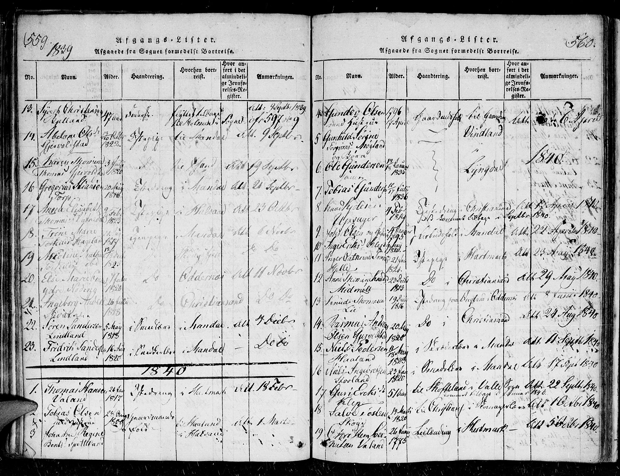 Holum sokneprestkontor, AV/SAK-1111-0022/F/Fa/Faa/L0004: Parish register (official) no. A 4, 1820-1849, p. 559-560