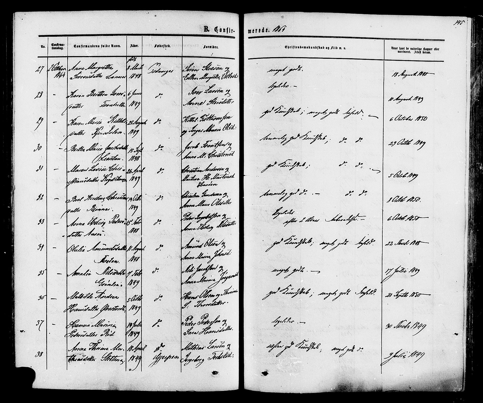 Eidanger kirkebøker, AV/SAKO-A-261/F/Fa/L0010: Parish register (official) no. 10, 1859-1874, p. 145