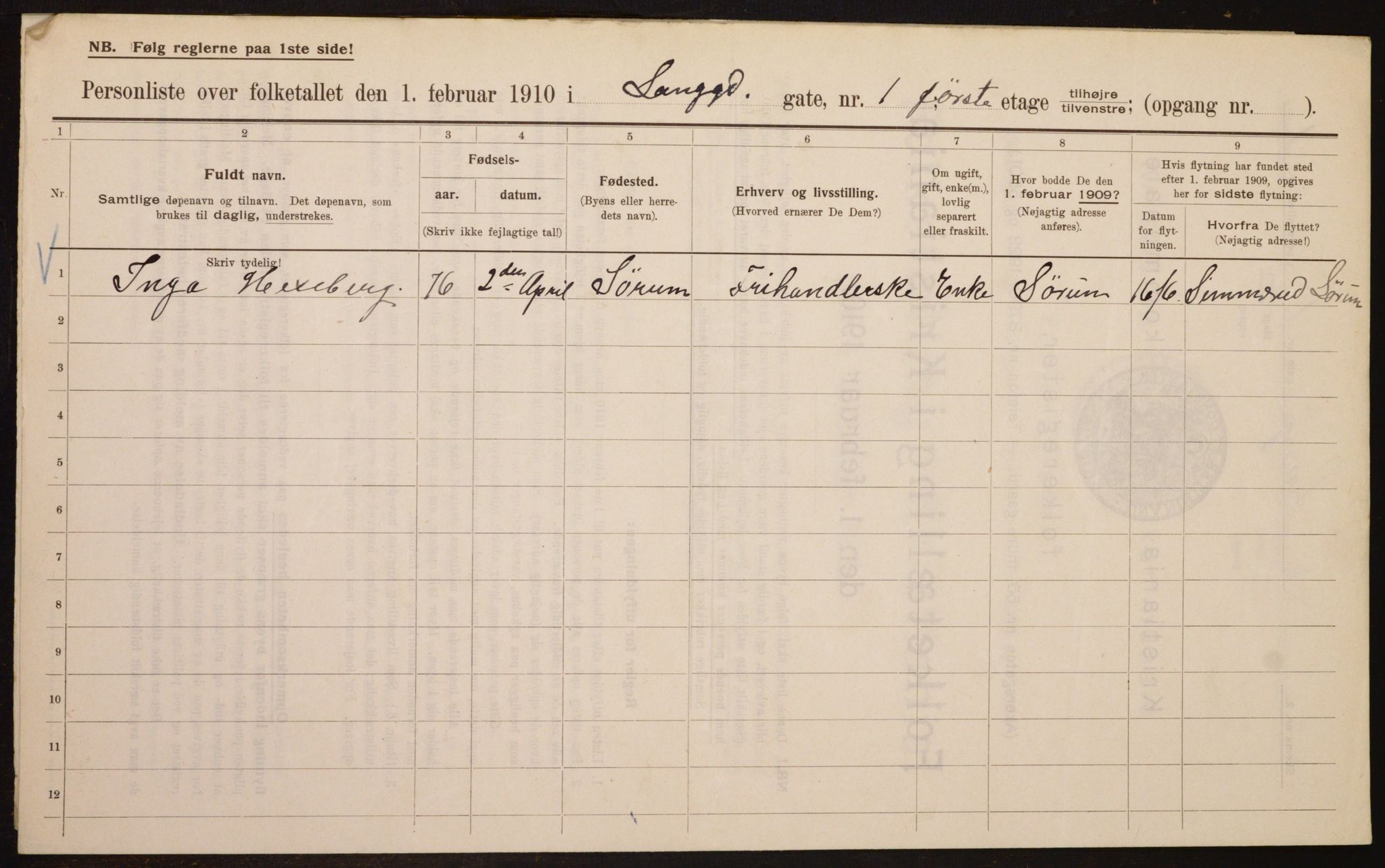 OBA, Municipal Census 1910 for Kristiania, 1910, p. 54454