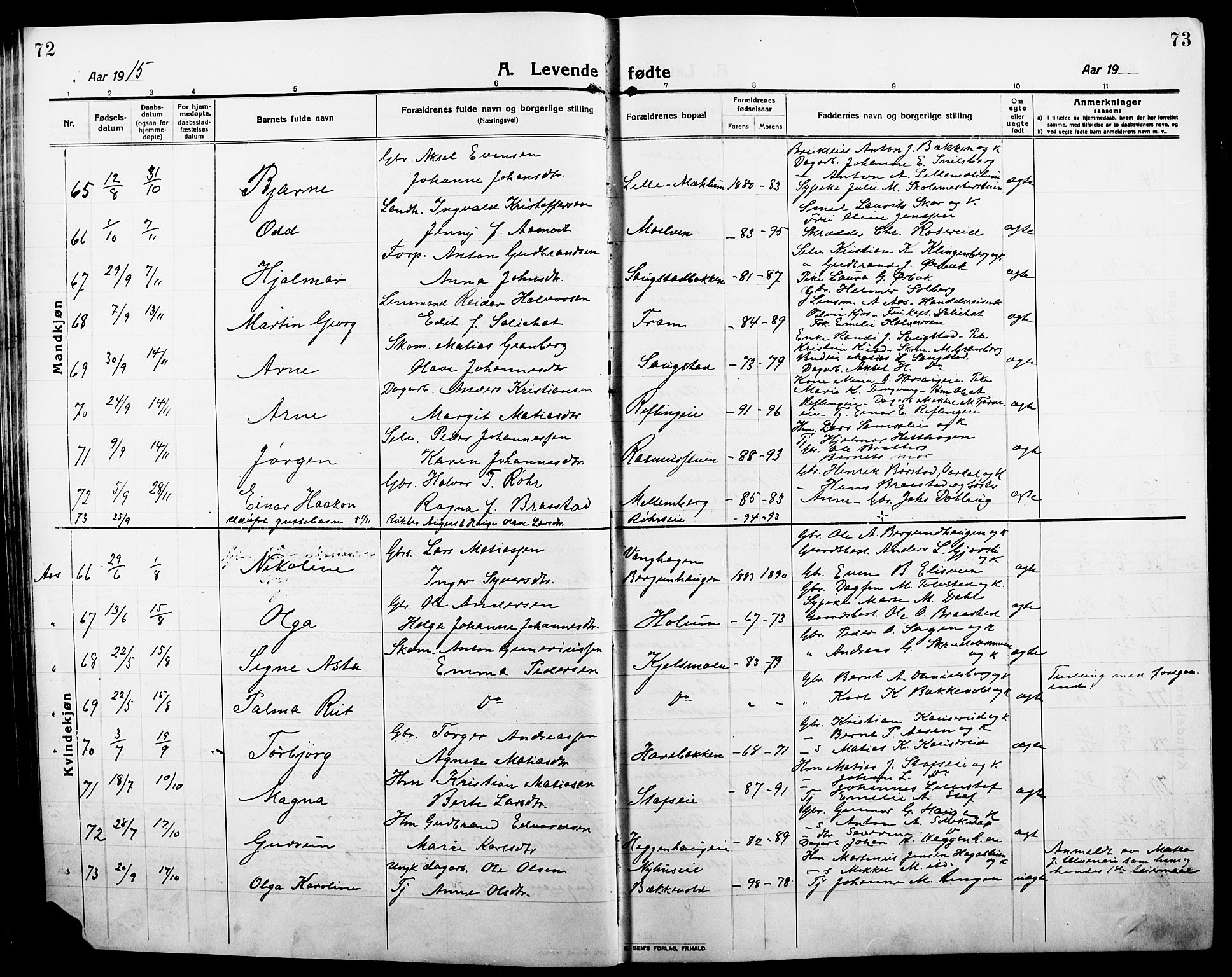 Ringsaker prestekontor, SAH/PREST-014/L/La/L0018: Parish register (copy) no. 18, 1913-1922, p. 72-73