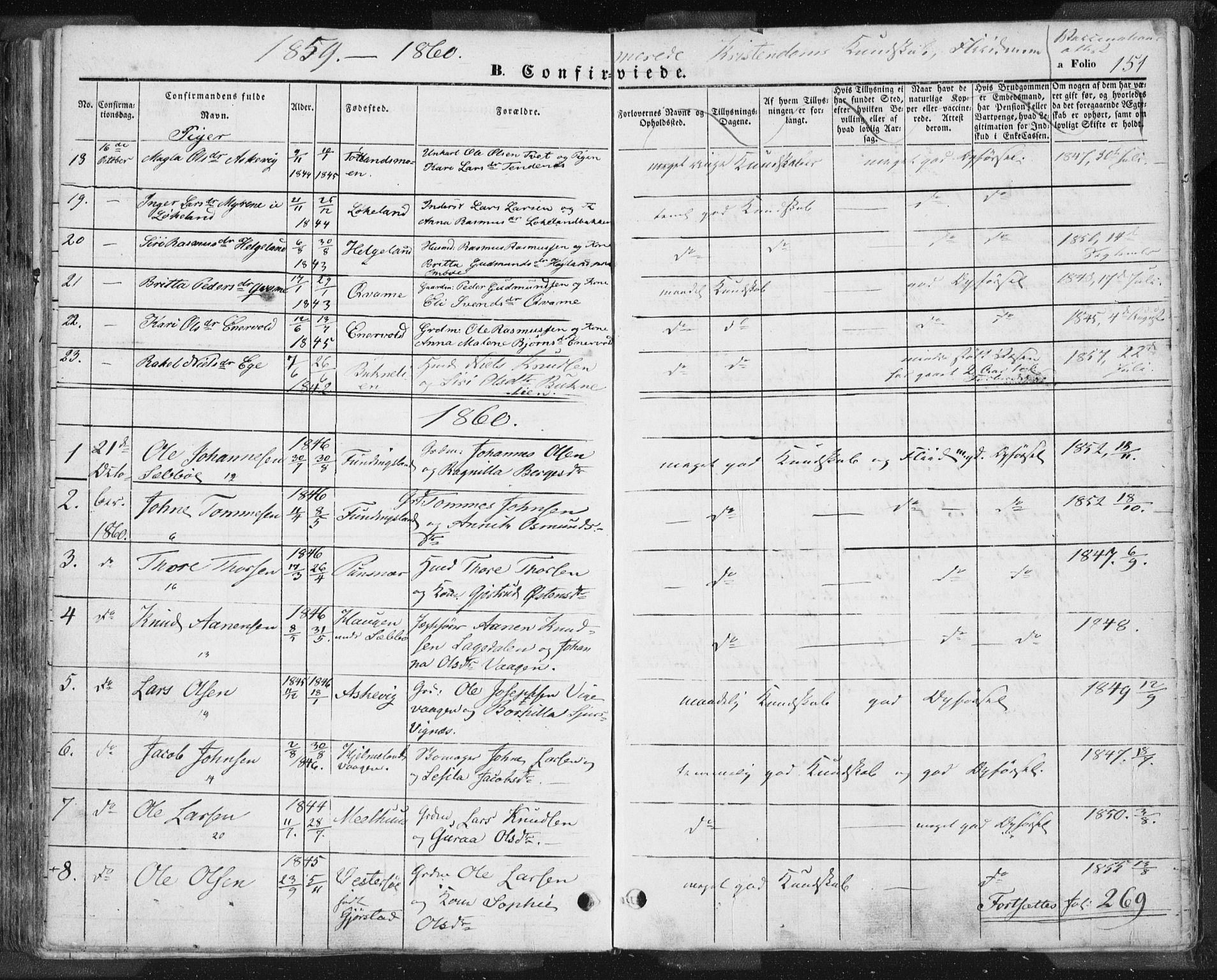 Hjelmeland sokneprestkontor, AV/SAST-A-101843/01/IV/L0009: Parish register (official) no. A 9, 1846-1860, p. 151