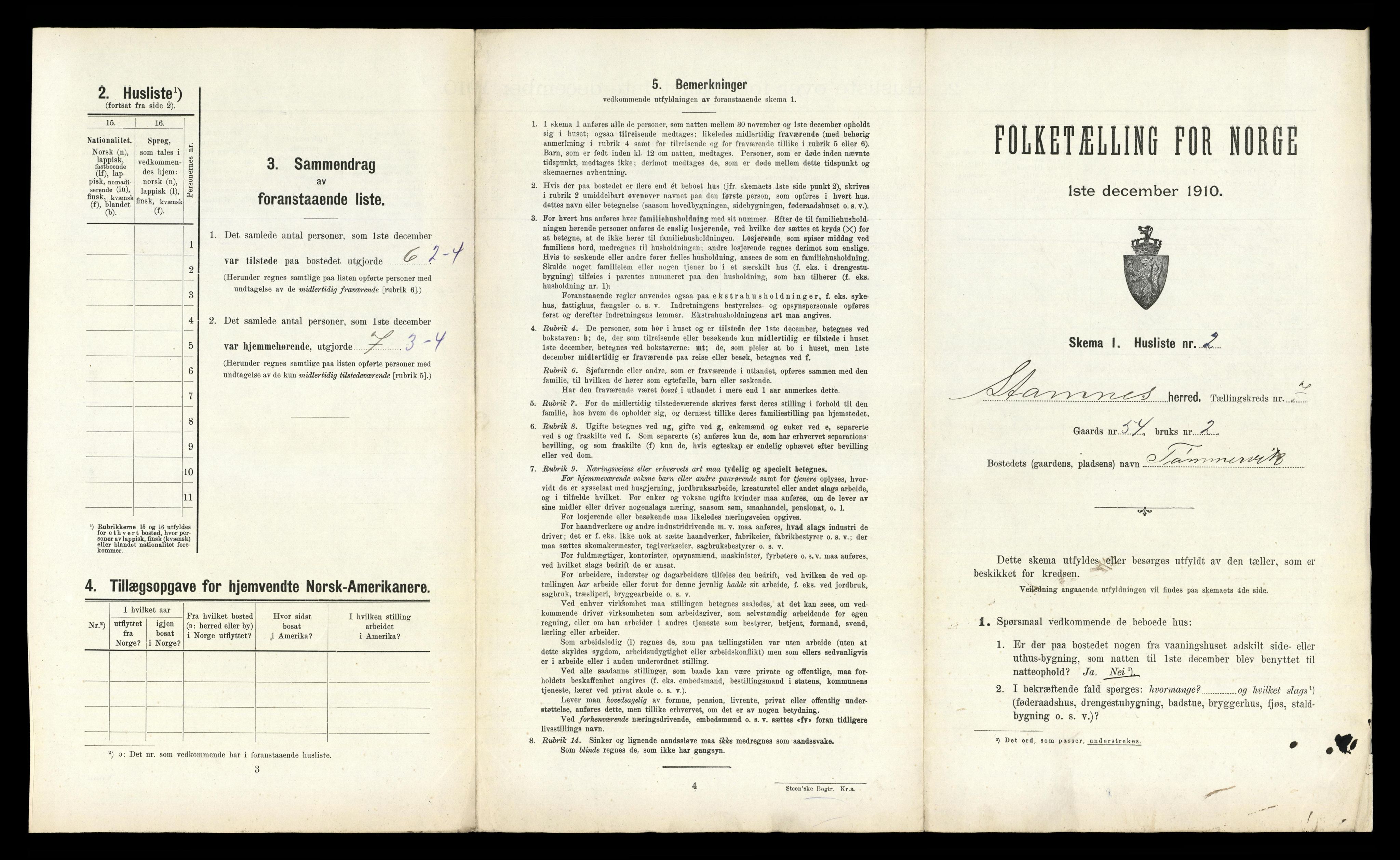 RA, 1910 census for Stamnes, 1910, p. 664