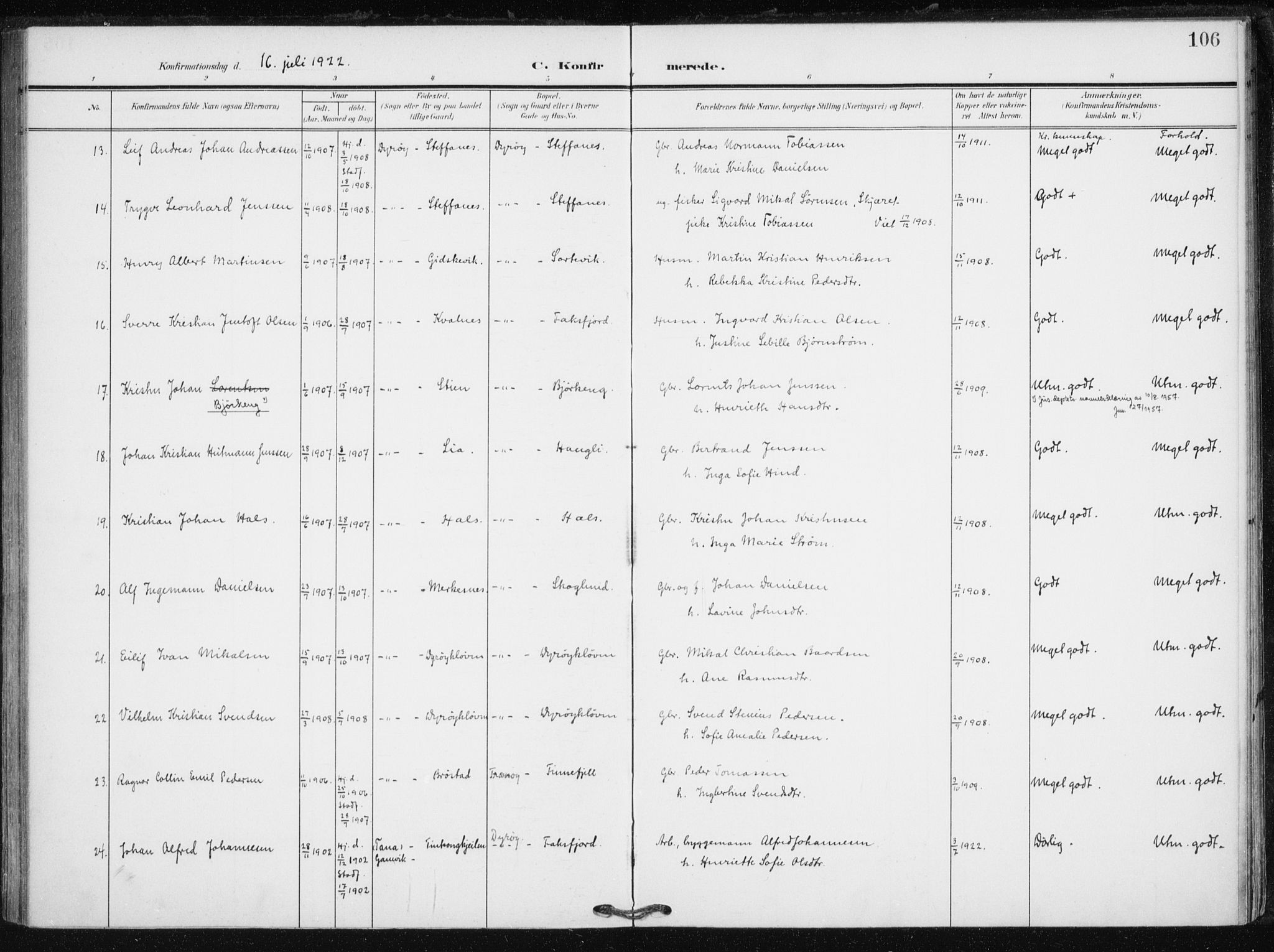 Tranøy sokneprestkontor, AV/SATØ-S-1313/I/Ia/Iaa/L0013kirke: Parish register (official) no. 13, 1905-1922, p. 106