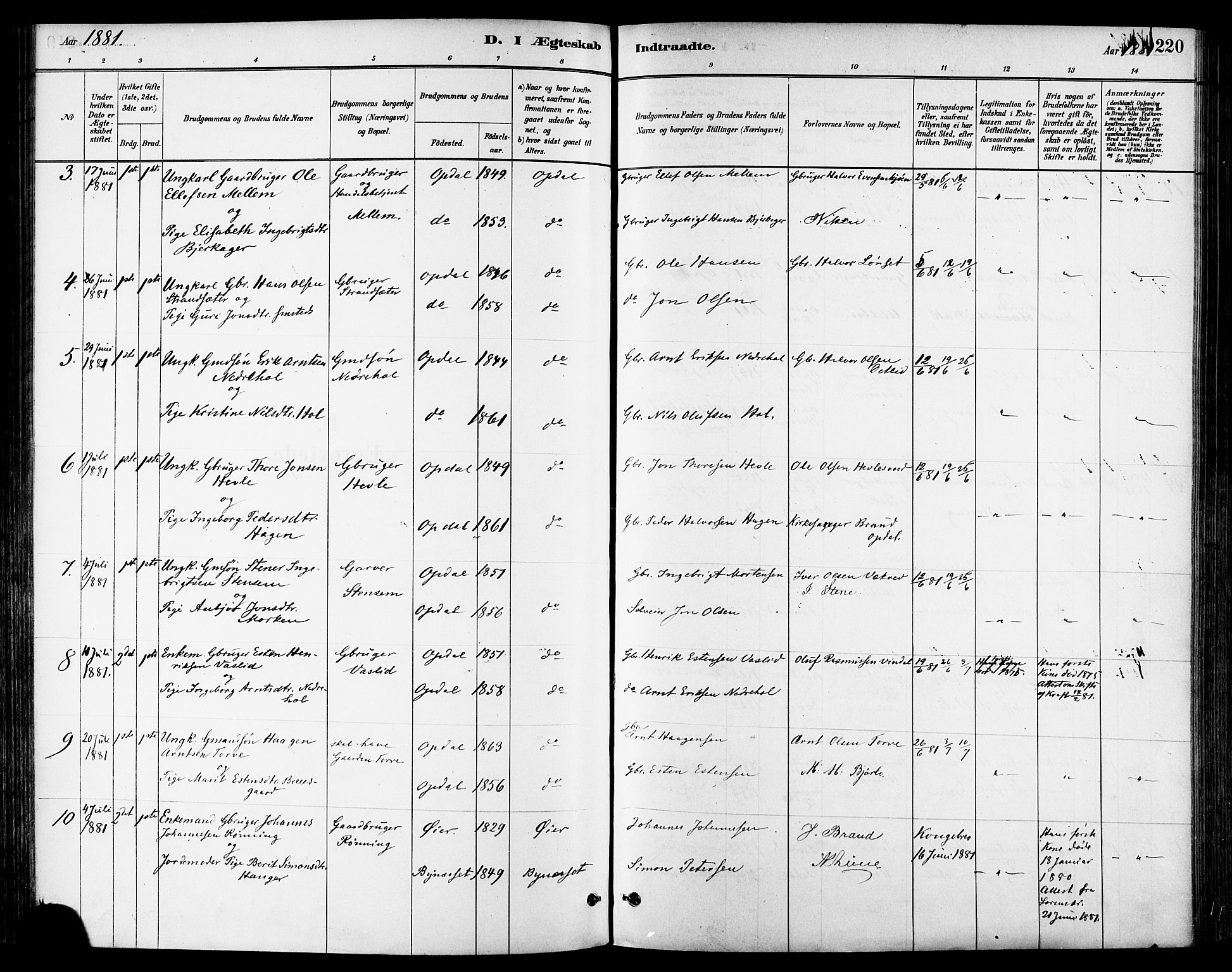 Ministerialprotokoller, klokkerbøker og fødselsregistre - Sør-Trøndelag, SAT/A-1456/678/L0901: Parish register (official) no. 678A10, 1881-1894, p. 220