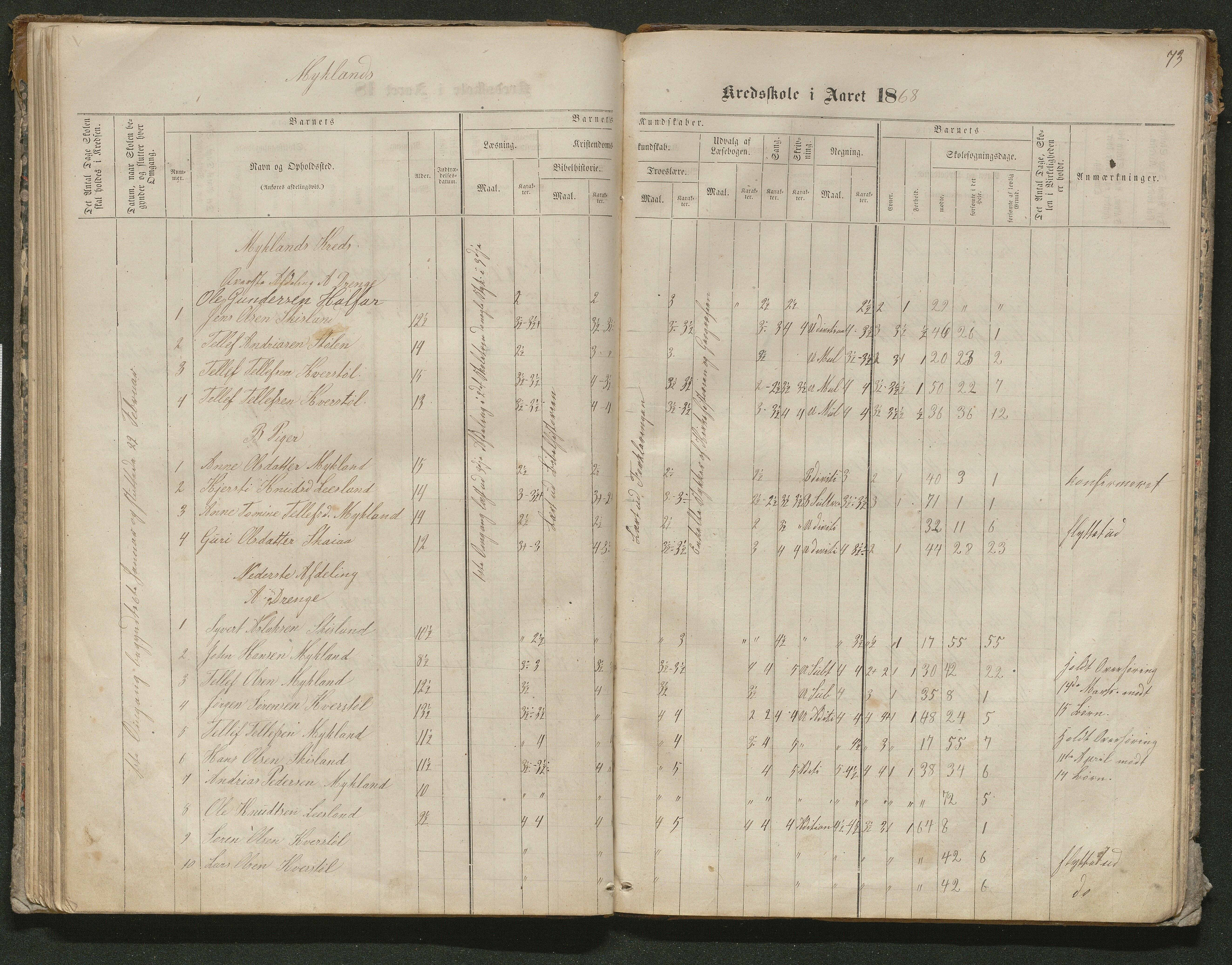 Iveland kommune, De enkelte kretsene/Skolene, AAKS/KA0935-550/A_10/L0005: Skoleprotokoll for Frøyså og Mykland krets, 1864-1881, p. 73