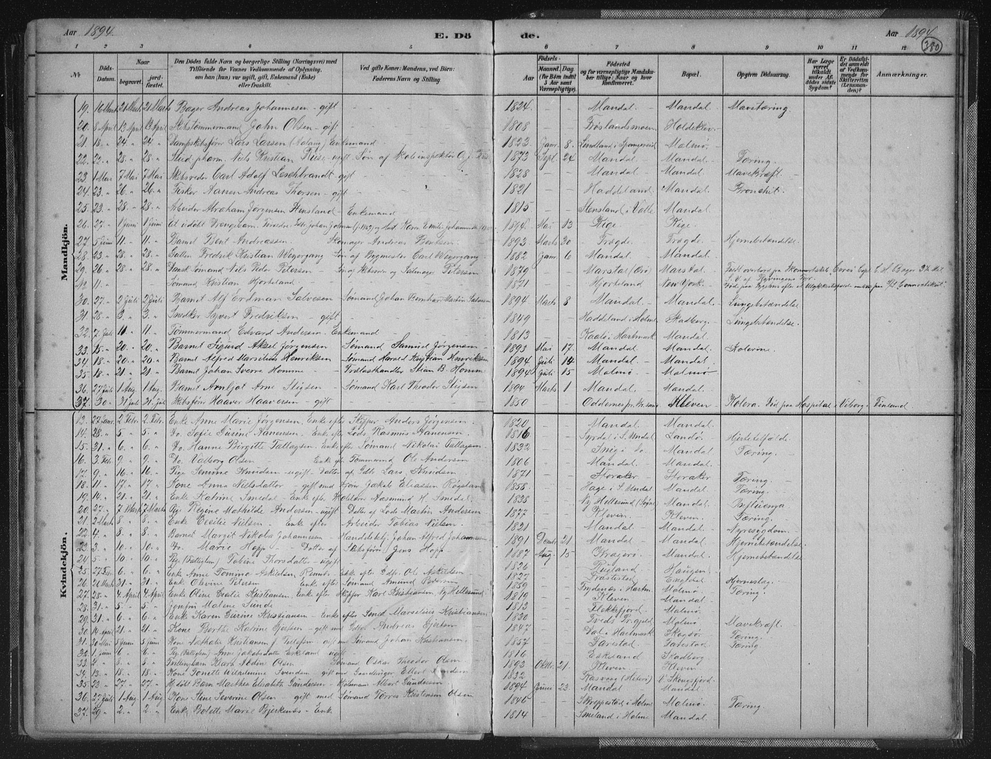 Mandal sokneprestkontor, AV/SAK-1111-0030/F/Fb/Fba/L0011: Parish register (copy) no. B 5, 1880-1898, p. 380