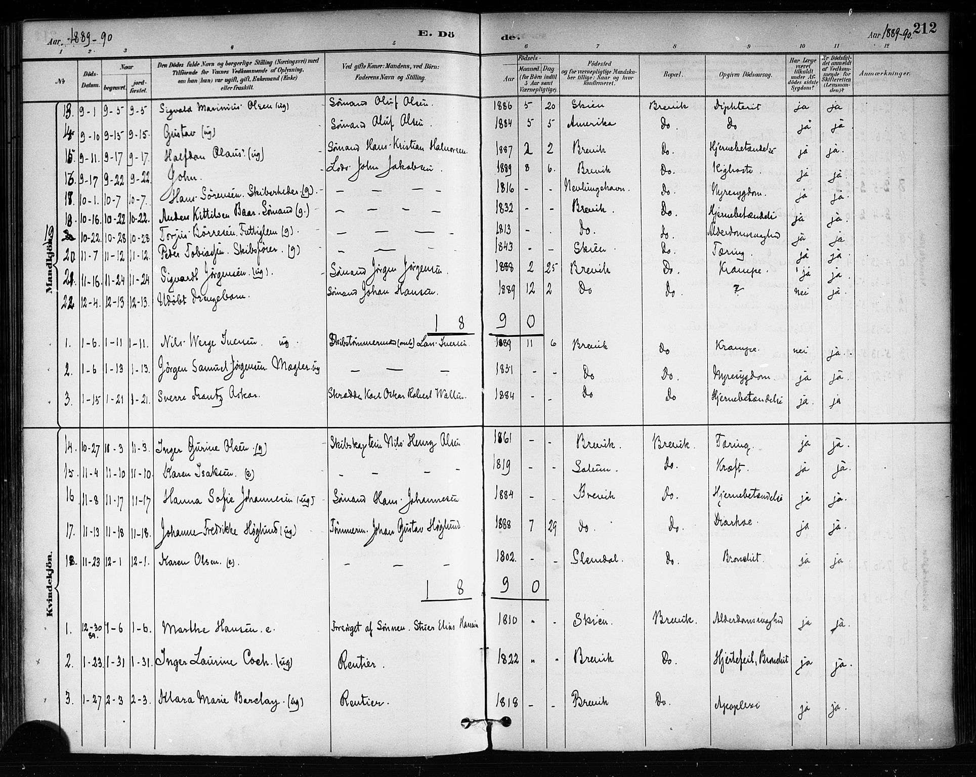 Brevik kirkebøker, SAKO/A-255/F/Fa/L0007: Parish register (official) no. 7, 1882-1900, p. 212