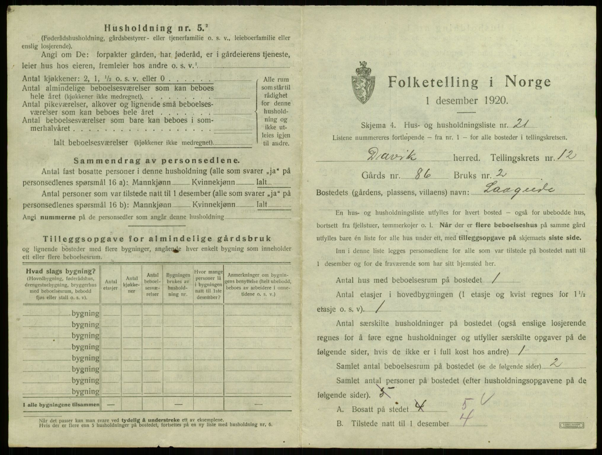 SAB, 1920 census for Davik, 1920, p. 833