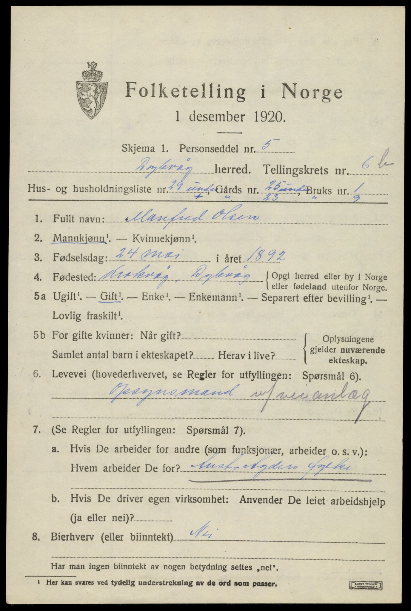 SAK, 1920 census for Dypvåg, 1920, p. 5725