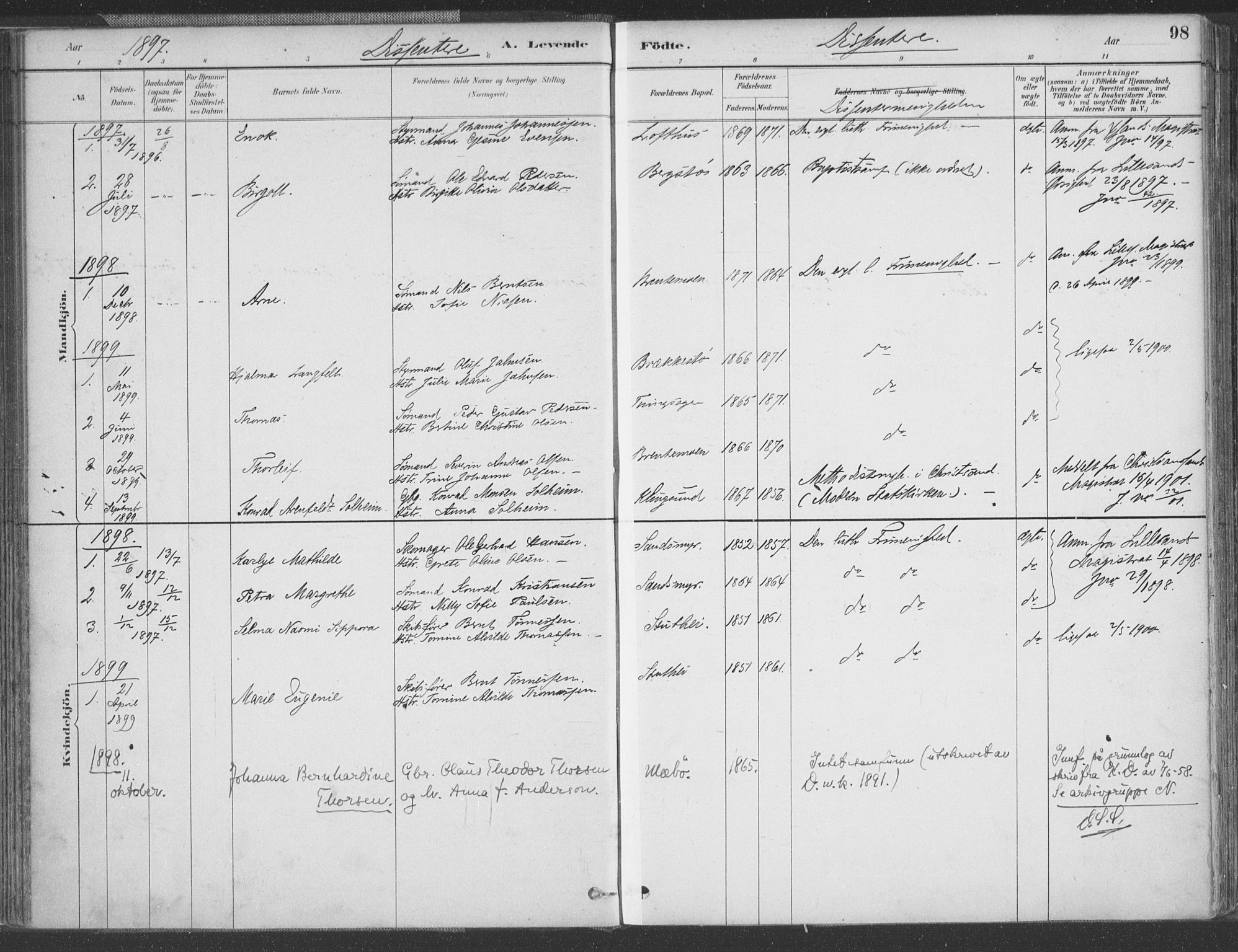 Vestre Moland sokneprestkontor, AV/SAK-1111-0046/F/Fa/Fab/L0009: Parish register (official) no. A 9, 1884-1899, p. 98