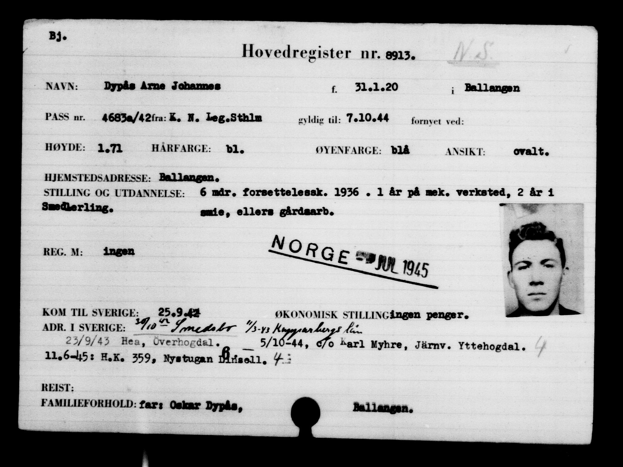 Utenriksstasjonene, Legasjonen i Stockholm, Flyktningkontoret, AV/RA-S-6753/V/Va/L0005: Kjesäterkartoteket, flyktninger med registreringsnr. 6600-9417, 1940-1945, p. 2712