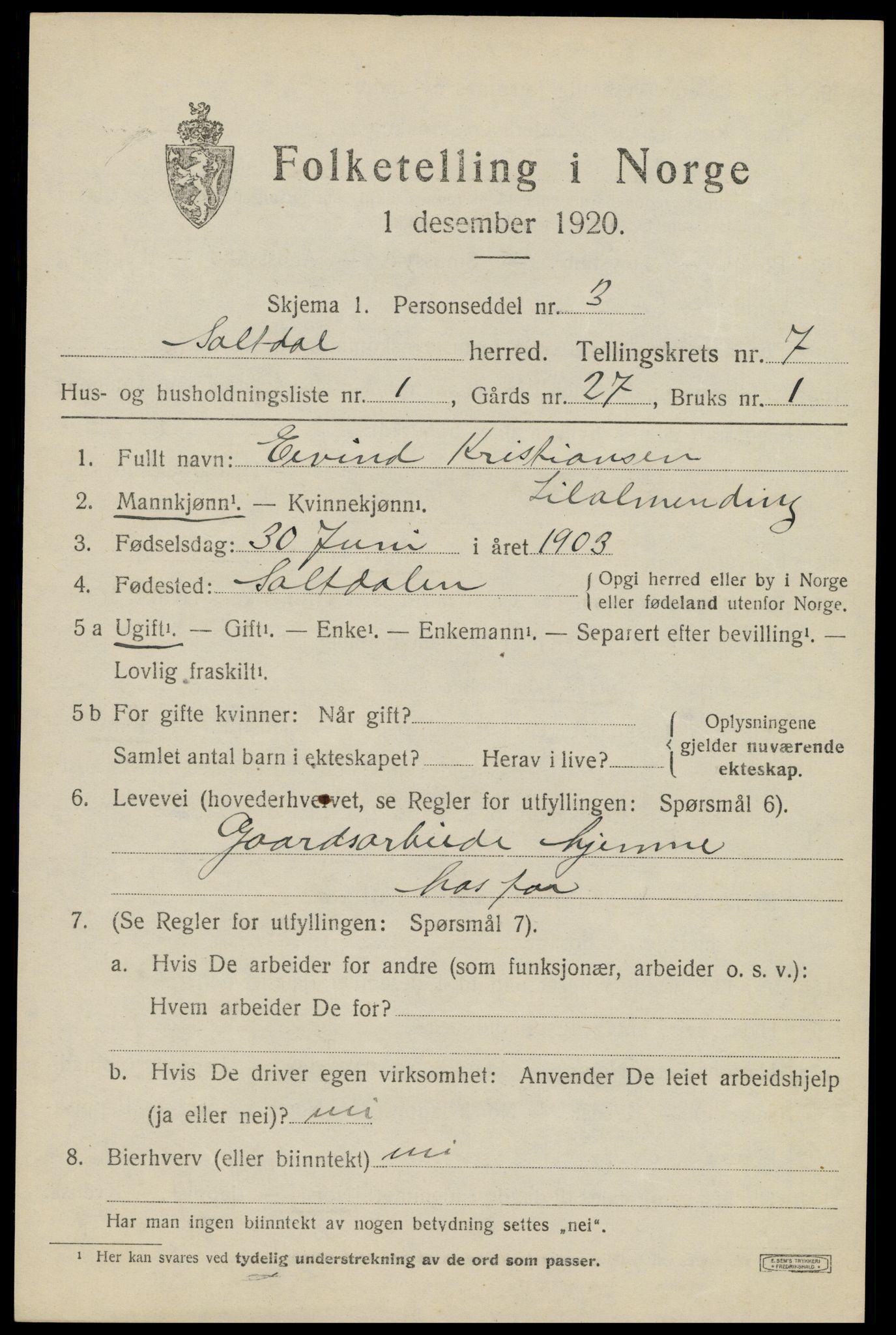 SAT, 1920 census for Saltdal, 1920, p. 7807