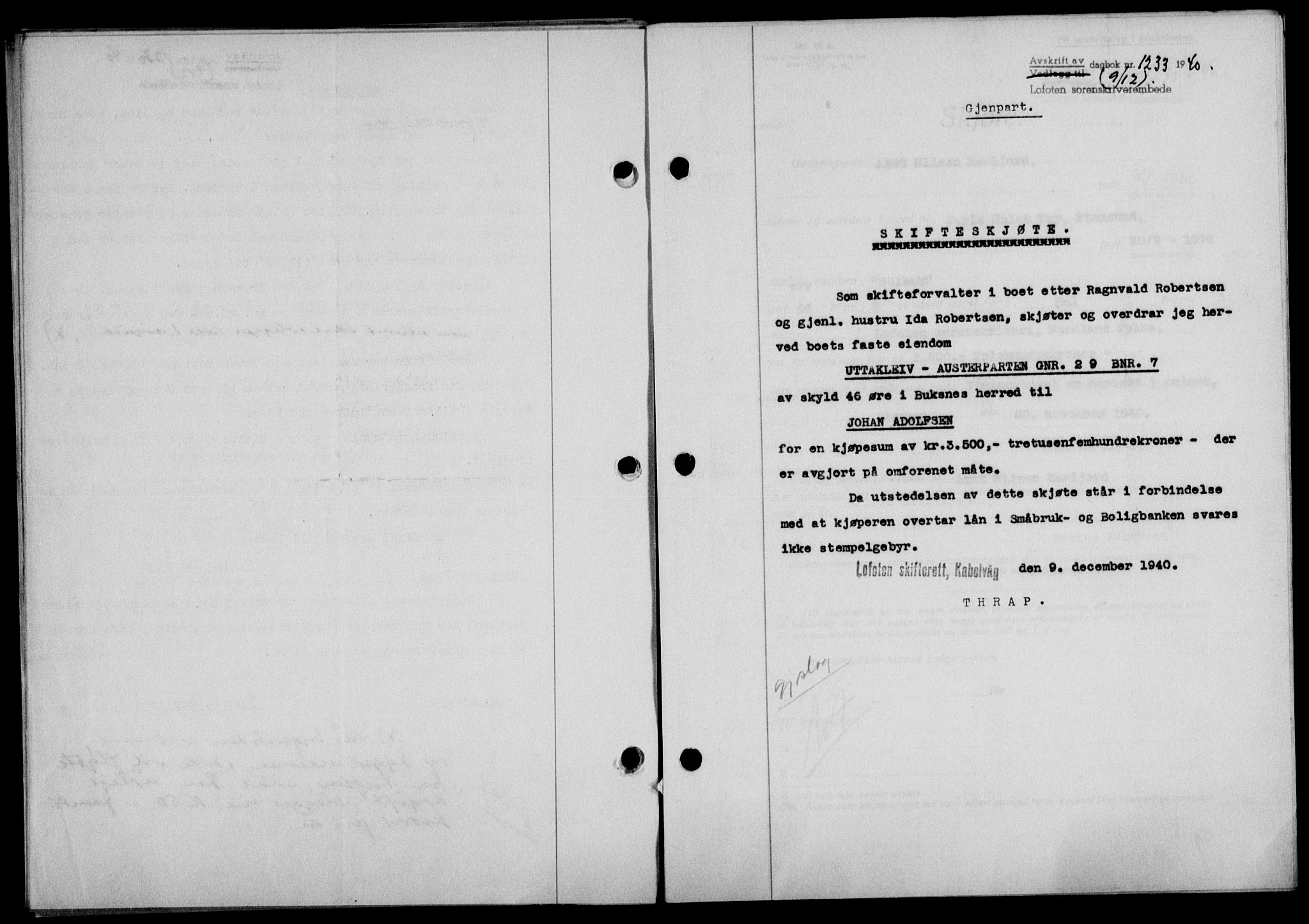 Lofoten sorenskriveri, SAT/A-0017/1/2/2C/L0008a: Mortgage book no. 8a, 1940-1941, Diary no: : 1233/1940