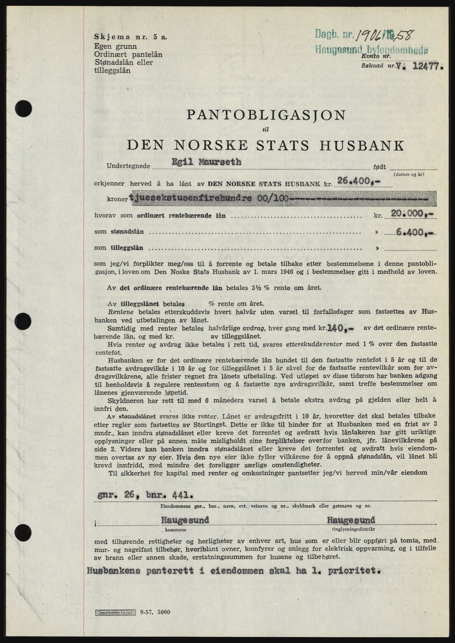 Haugesund tingrett, SAST/A-101415/01/II/IIC/L0044: Mortgage book no. B 44, 1958-1959, Diary no: : 1906/1958