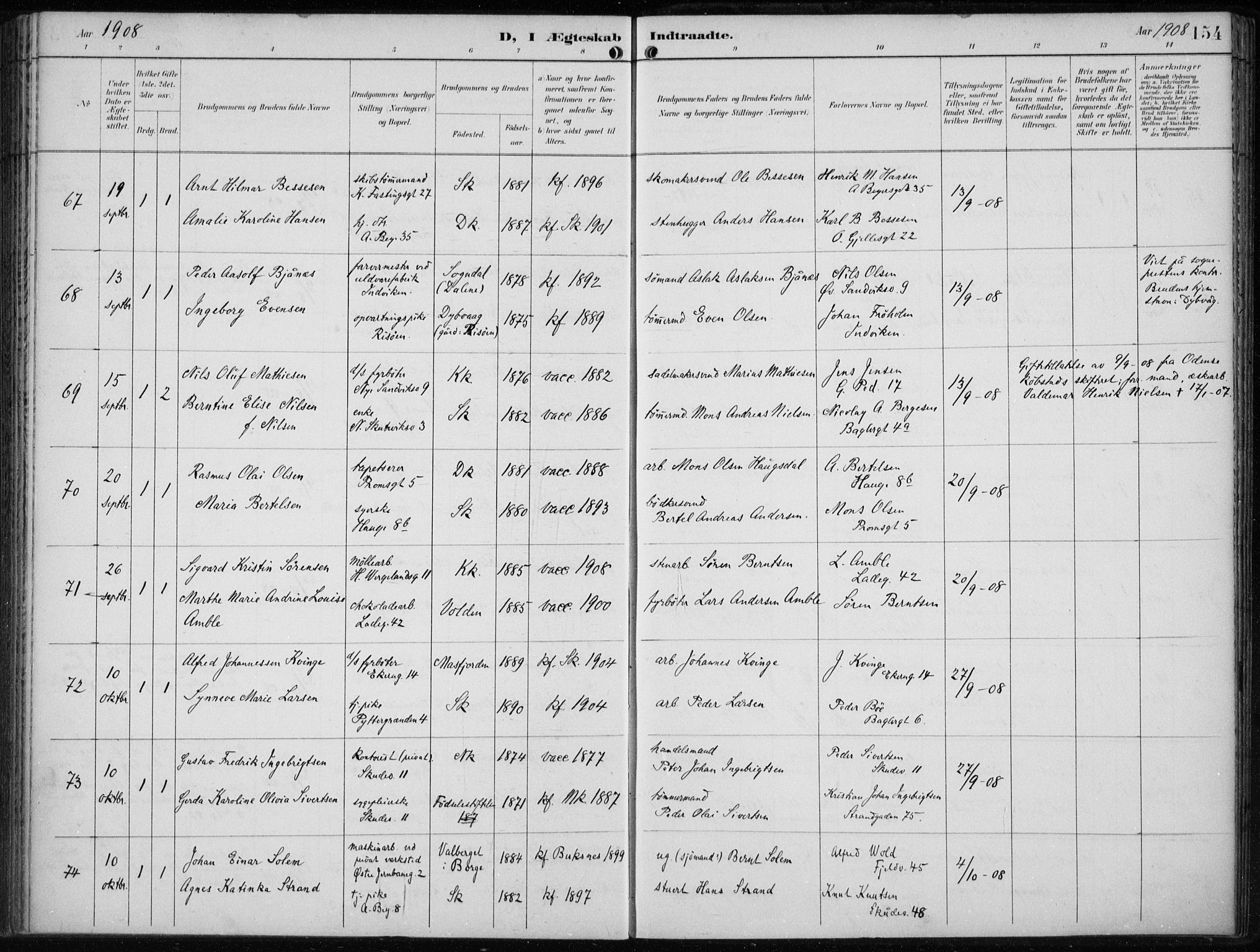 Sandviken Sokneprestembete, AV/SAB-A-77601/H/Ha/L0014: Parish register (official) no. D 1, 1896-1911, p. 154