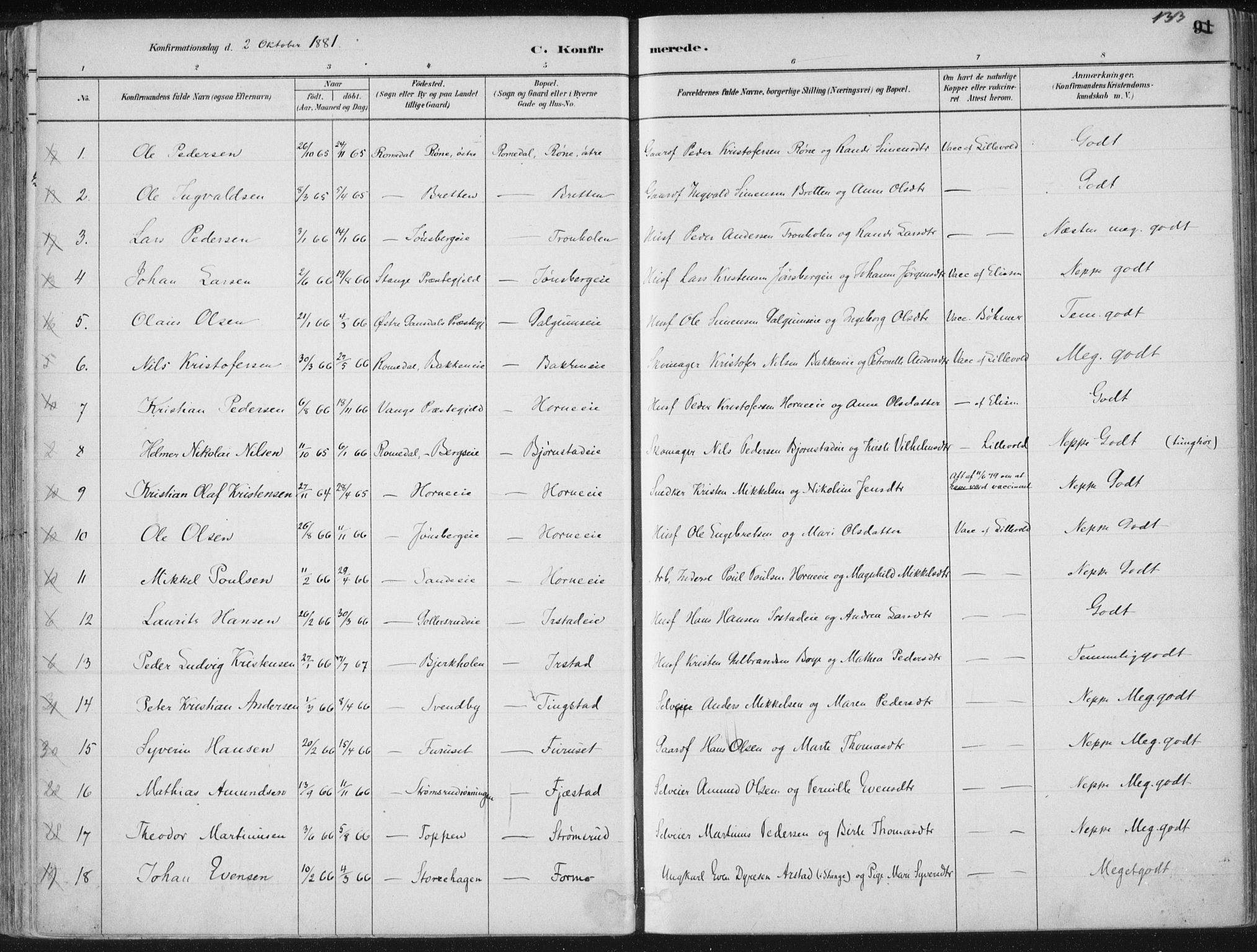 Romedal prestekontor, SAH/PREST-004/K/L0010: Parish register (official) no. 10, 1880-1895, p. 133