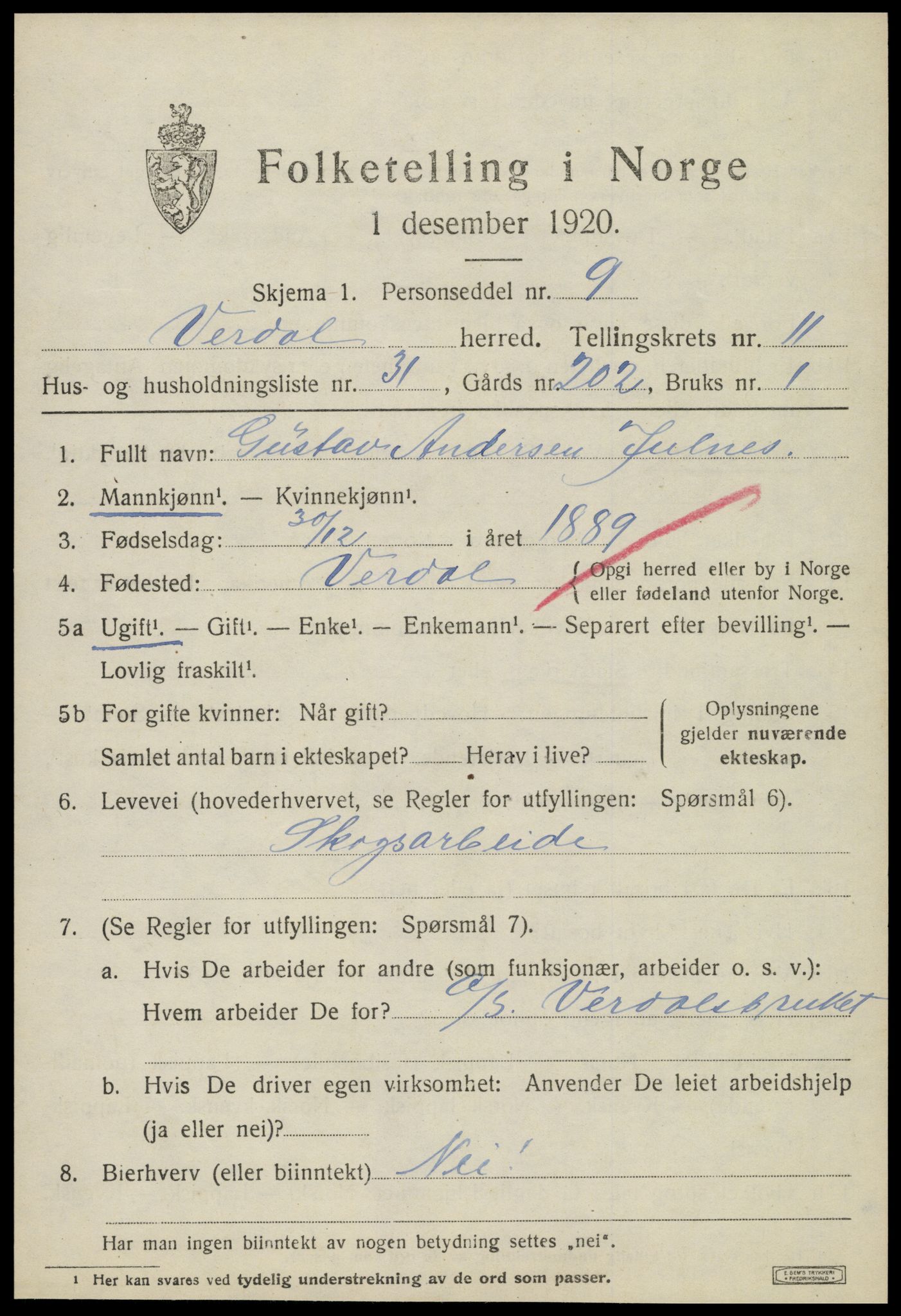 SAT, 1920 census for Verdal, 1920, p. 13253