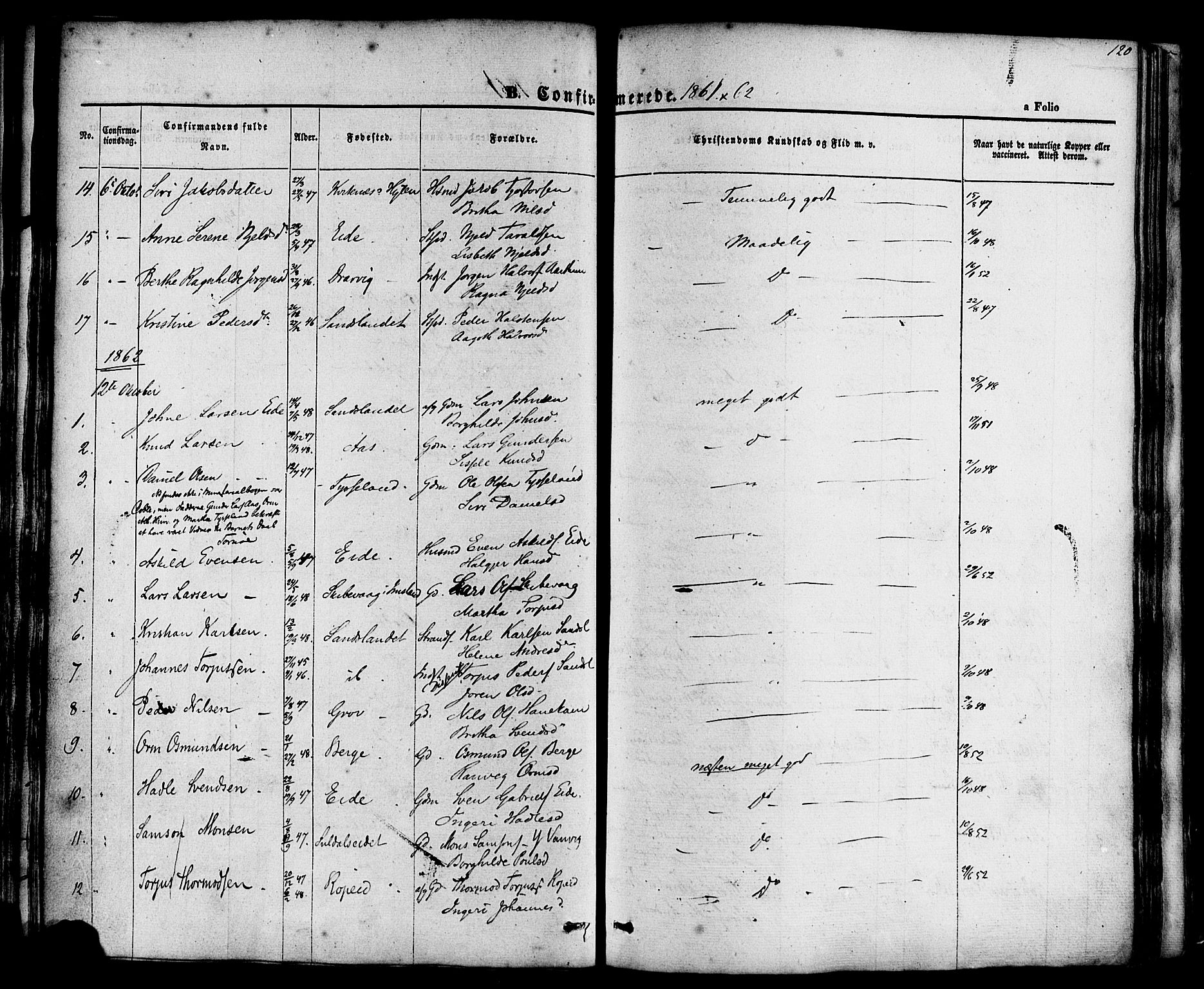 Sand sokneprestkontor, SAST/A-101848/01/III/L0003: Parish register (official) no. A 3, 1854-1879, p. 120