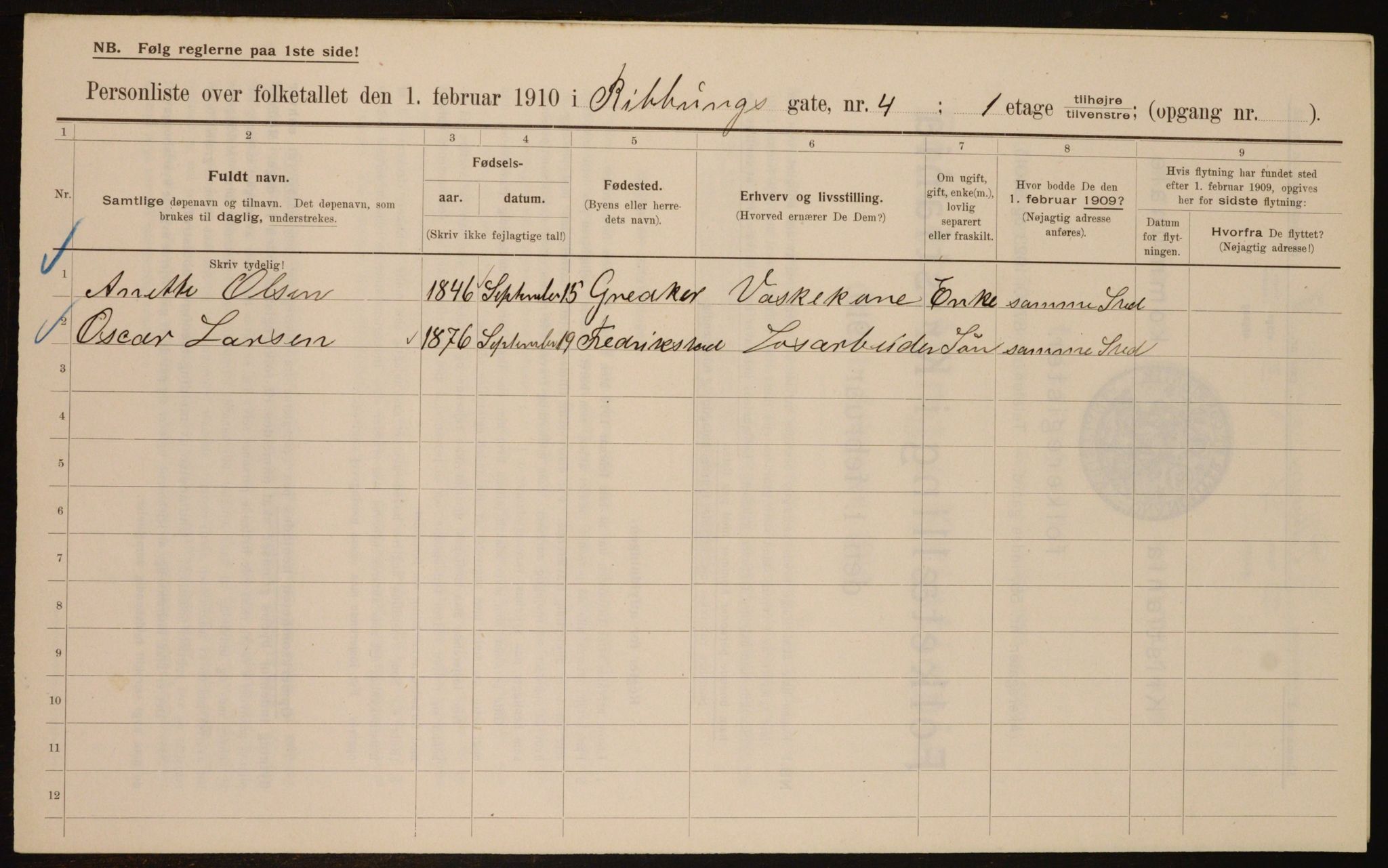 OBA, Municipal Census 1910 for Kristiania, 1910, p. 79305