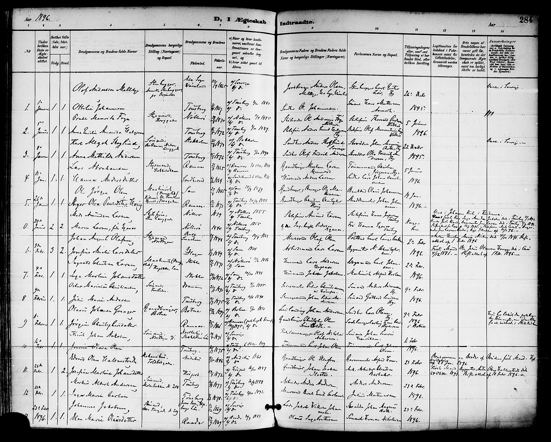 Tønsberg kirkebøker, SAKO/A-330/F/Fa/L0012: Parish register (official) no. I 12, 1891-1899, p. 284