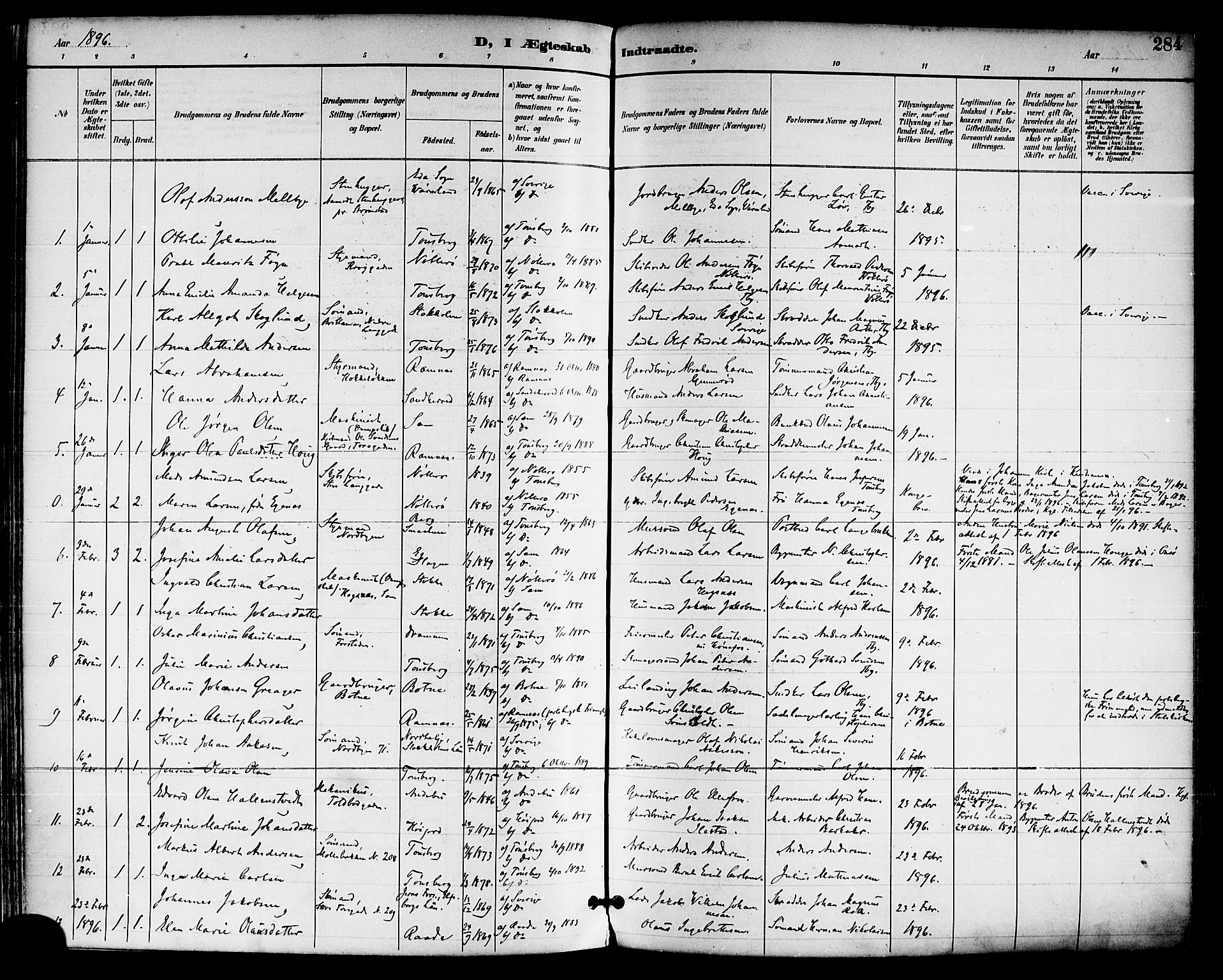 Tønsberg kirkebøker, AV/SAKO-A-330/F/Fa/L0012: Parish register (official) no. I 12, 1891-1899, p. 284