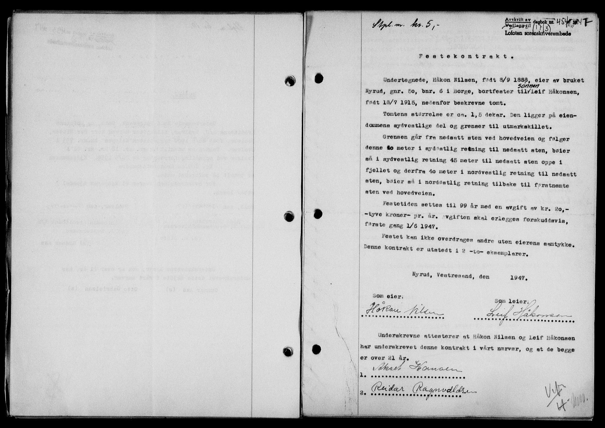 Lofoten sorenskriveri, SAT/A-0017/1/2/2C/L0015a: Mortgage book no. 15a, 1946-1947, Diary no: : 454/1947
