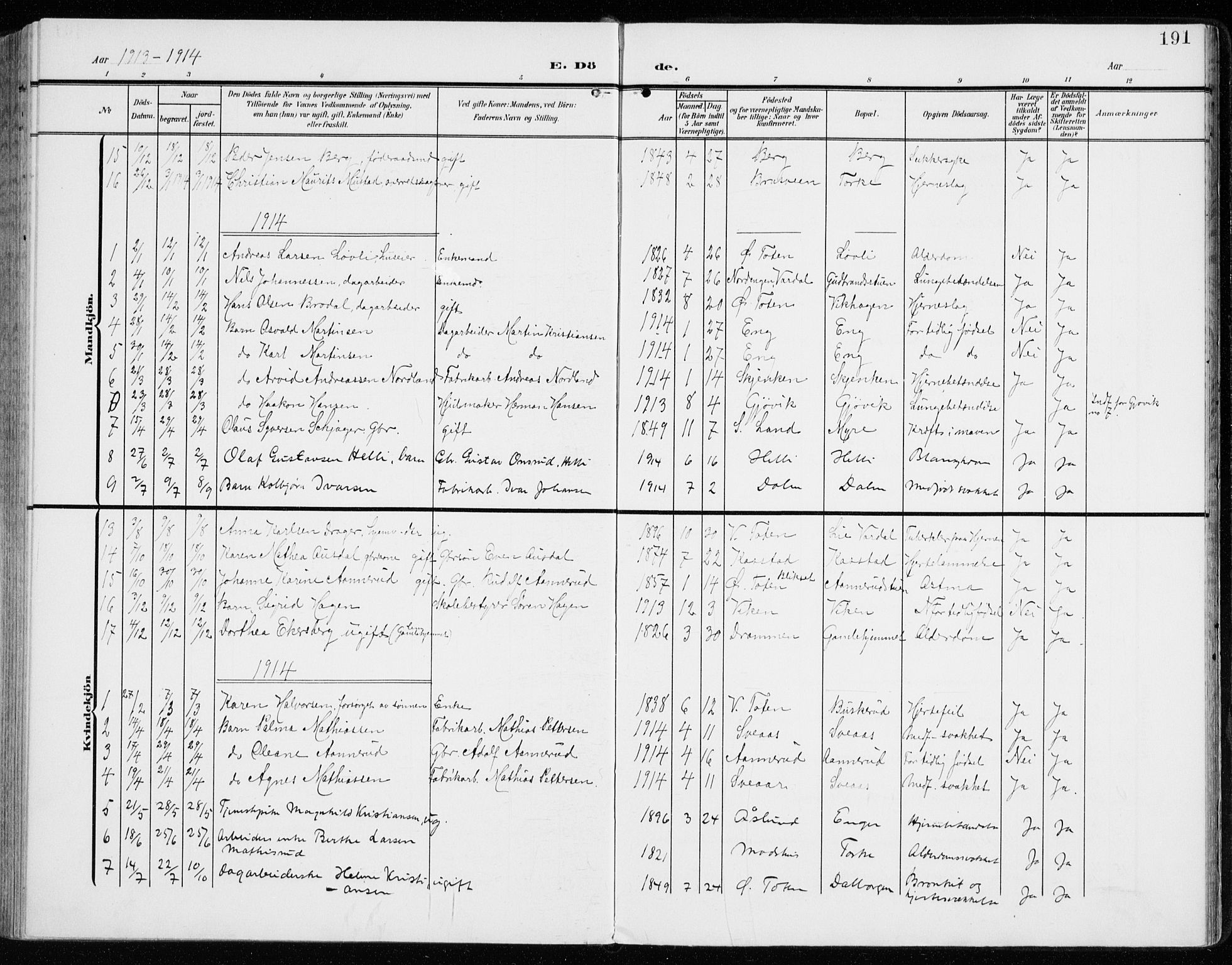 Vardal prestekontor, SAH/PREST-100/H/Ha/Haa/L0016: Parish register (official) no. 16, 1904-1916, p. 191